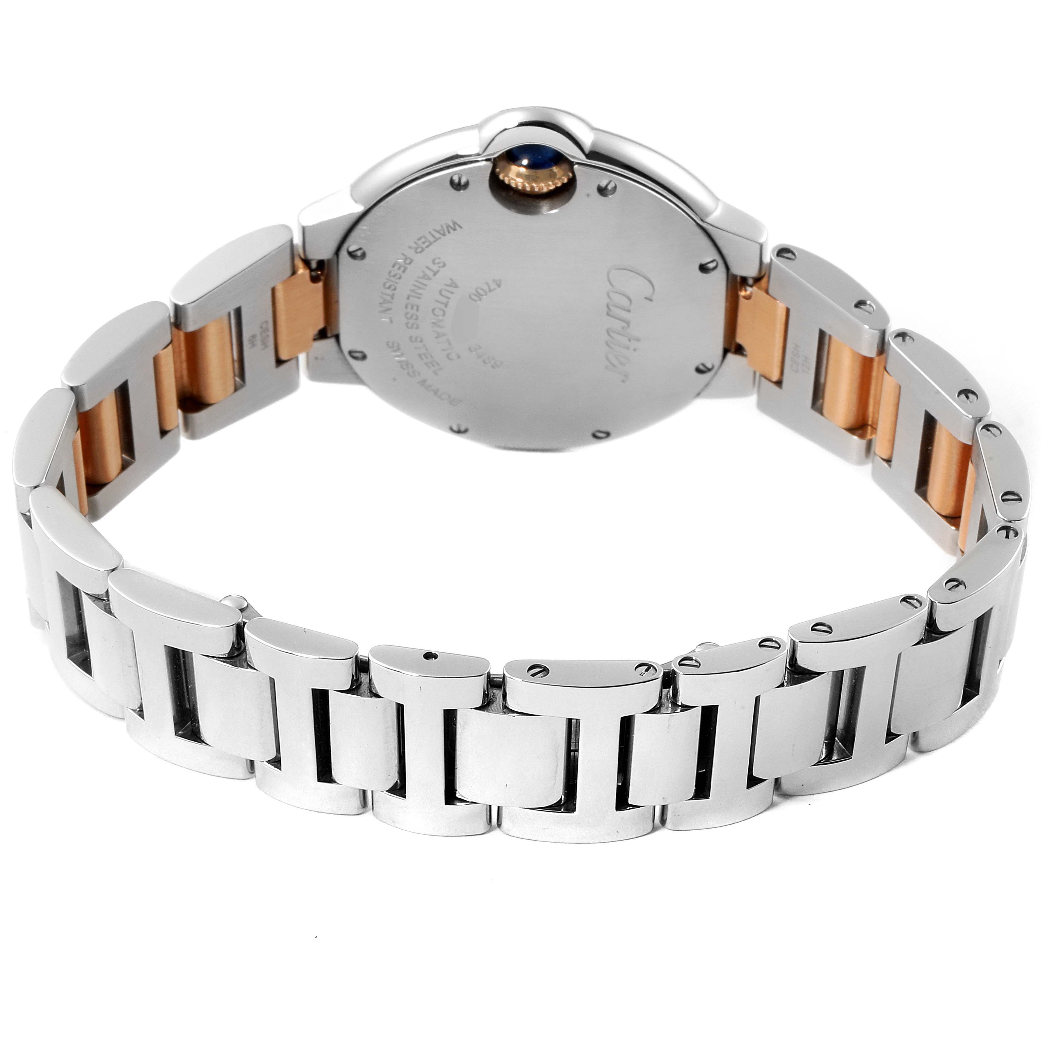 This image shows the back view of a Ballon Bleu de Cartier watch, featuring its bracelet and clasp.