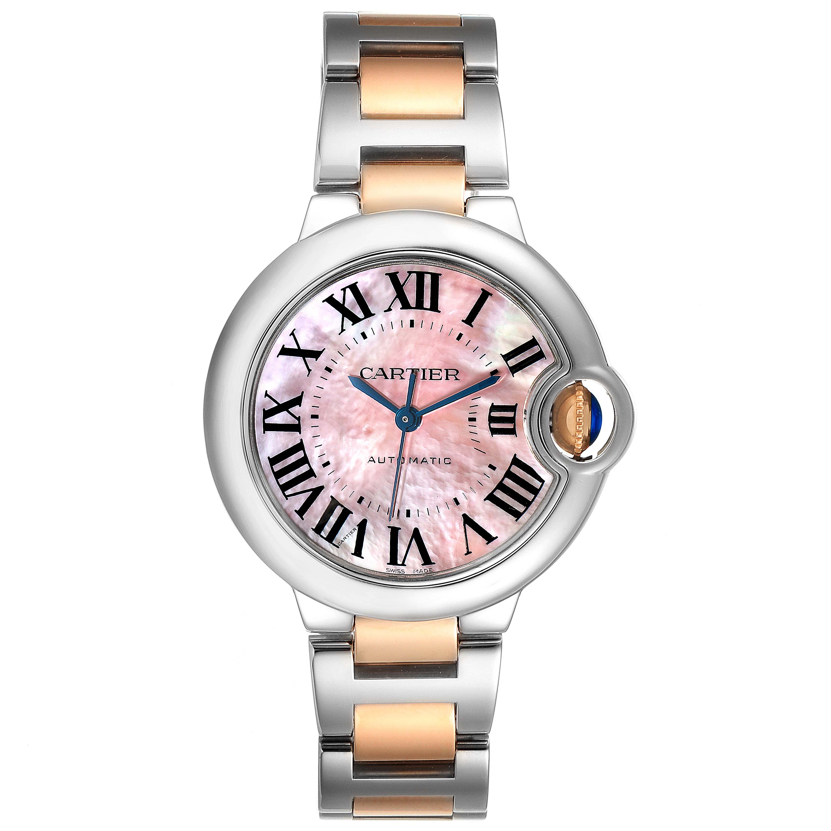The image shows a front view of the Ballon Bleu model by Cartier, displaying the watch face and bracelet.