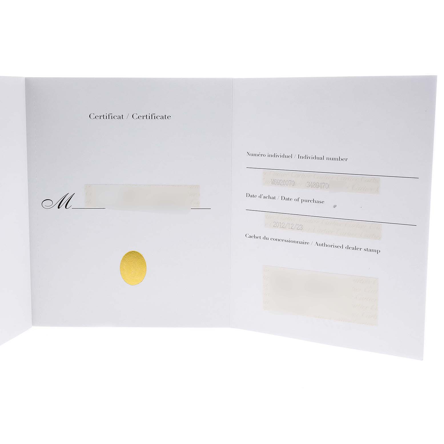 The image shows an open certificate from a Ballon Bleu model by Cartier, displaying purchase information and dealer stamp areas.