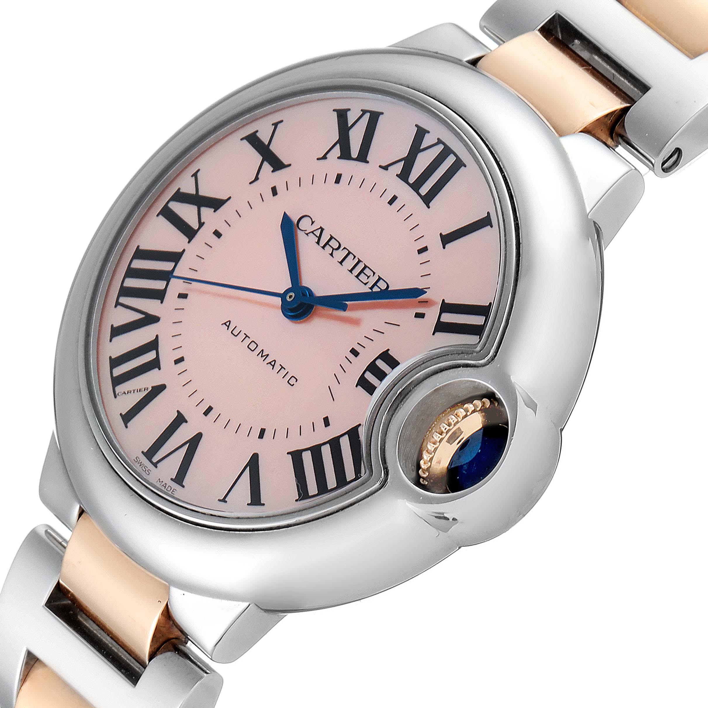 The image shows a close-up, angled view of the watch face and part of the bracelet of the Cartier Ballon Bleu W6920098 Women's Steel and Gold (two tone) Mother of Pearl Dial W6920098 Women's Steel and Gold (two tone) Mother of Pearl Dial model.