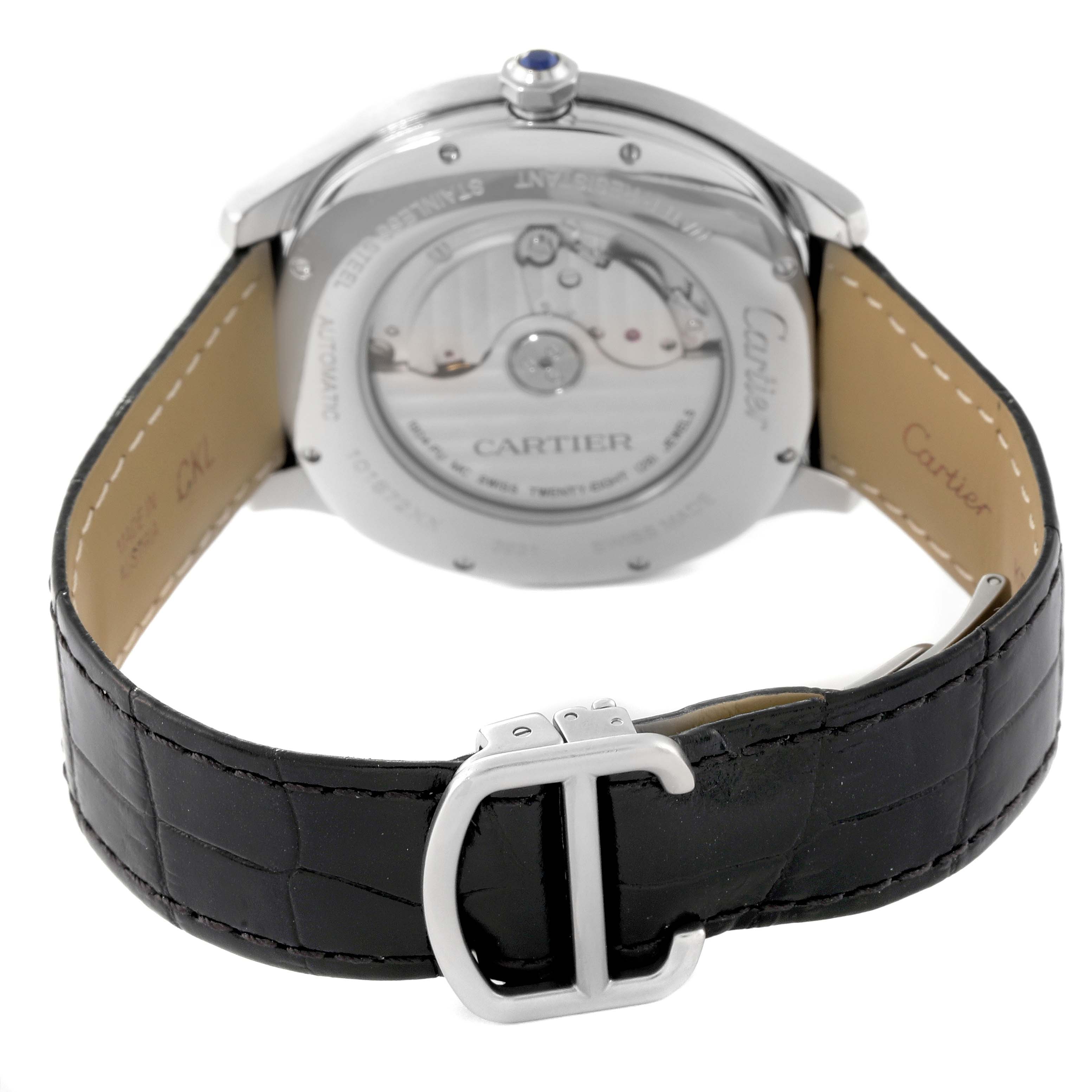 The image shows the back and strap of a Drive de Cartier watch by Cartier, highlighting the automatic movement mechanism.