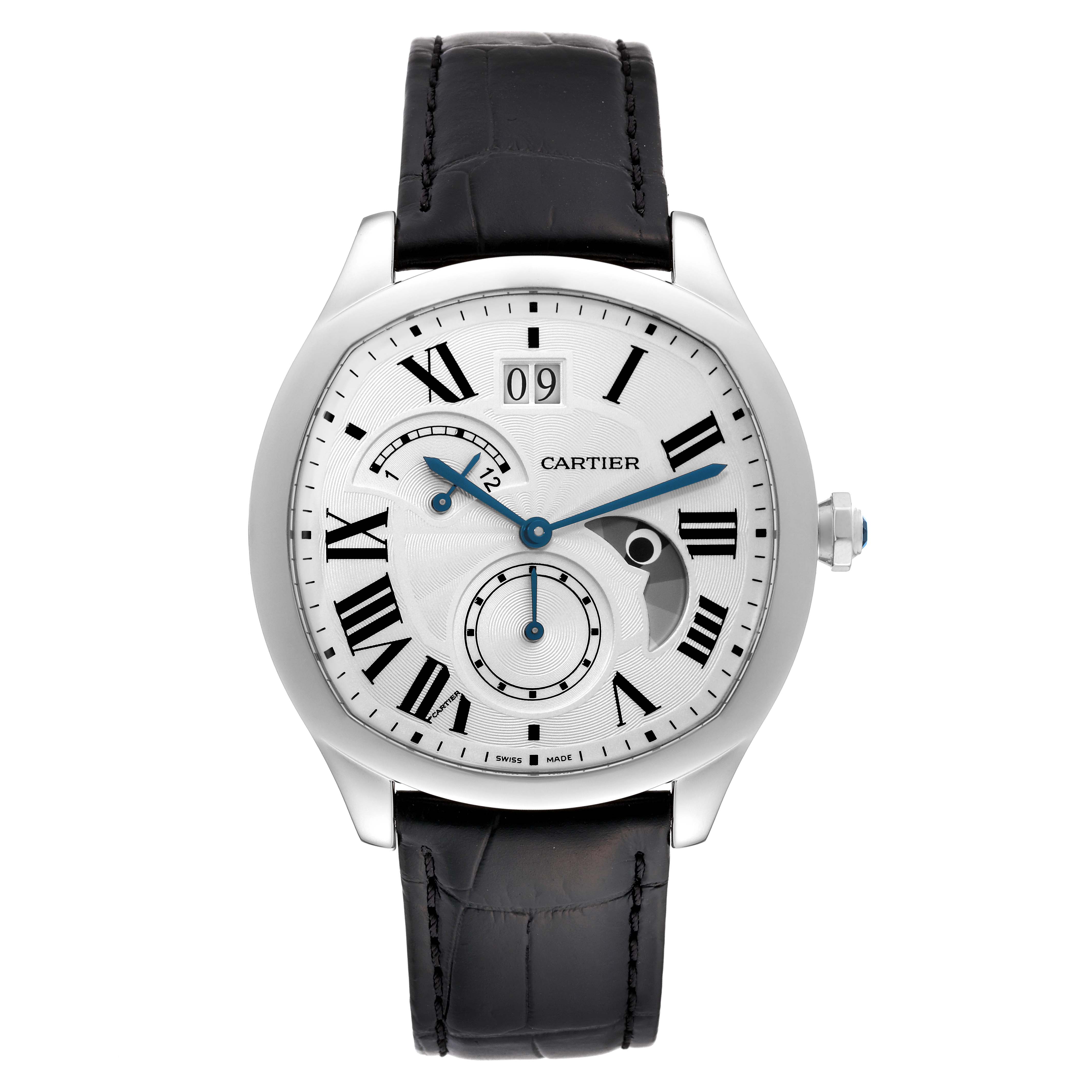 The Drive de Cartier watch by Cartier is shown from a front view, displaying the watch face, strap, and crown.
