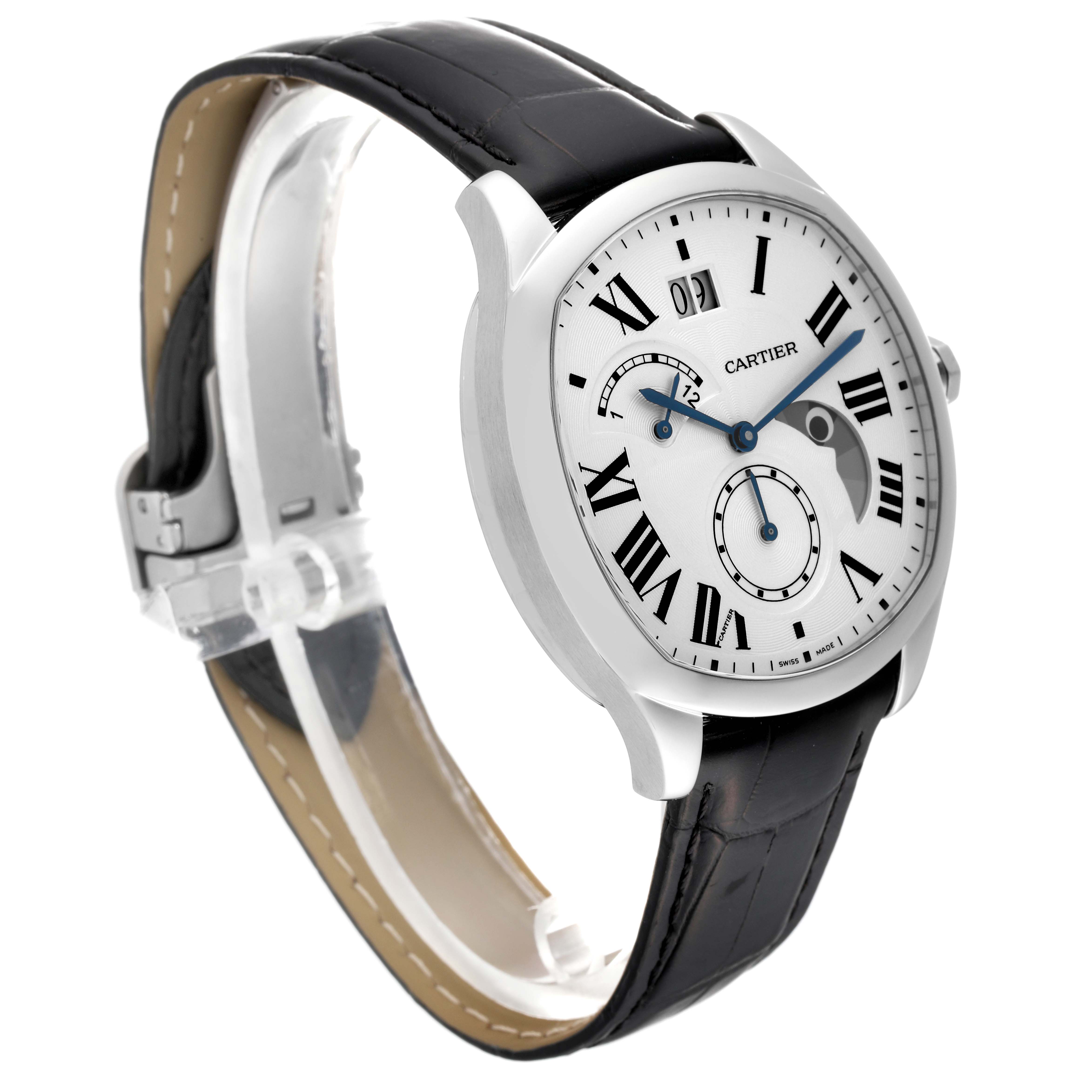 The Drive de Cartier watch by Cartier is shown at a slight angle, displaying the face, Roman numerals, and leather strap.