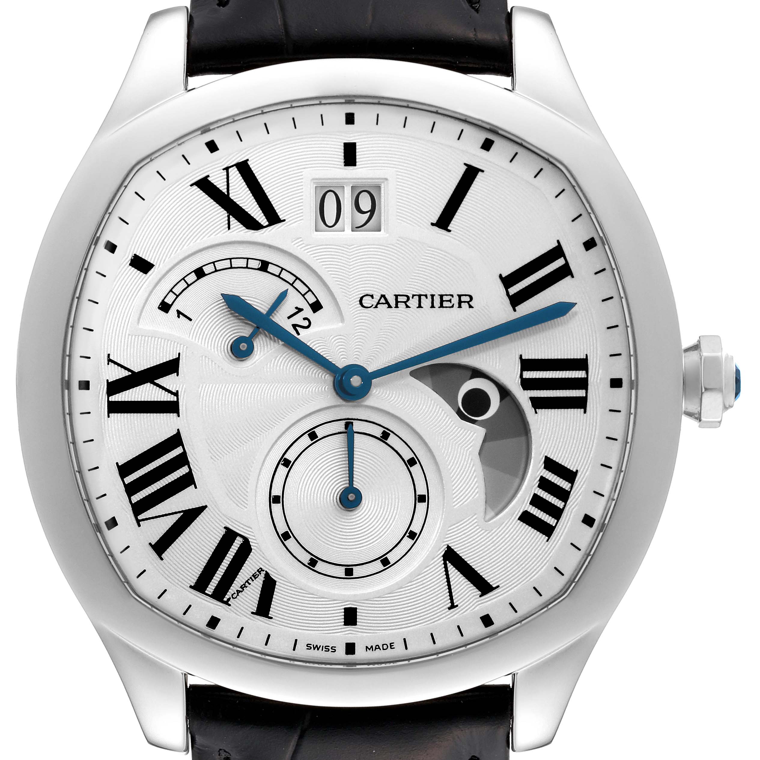 The image shows a close-up frontal view of a Drive de Cartier watch by Cartier, highlighting its face and dials.