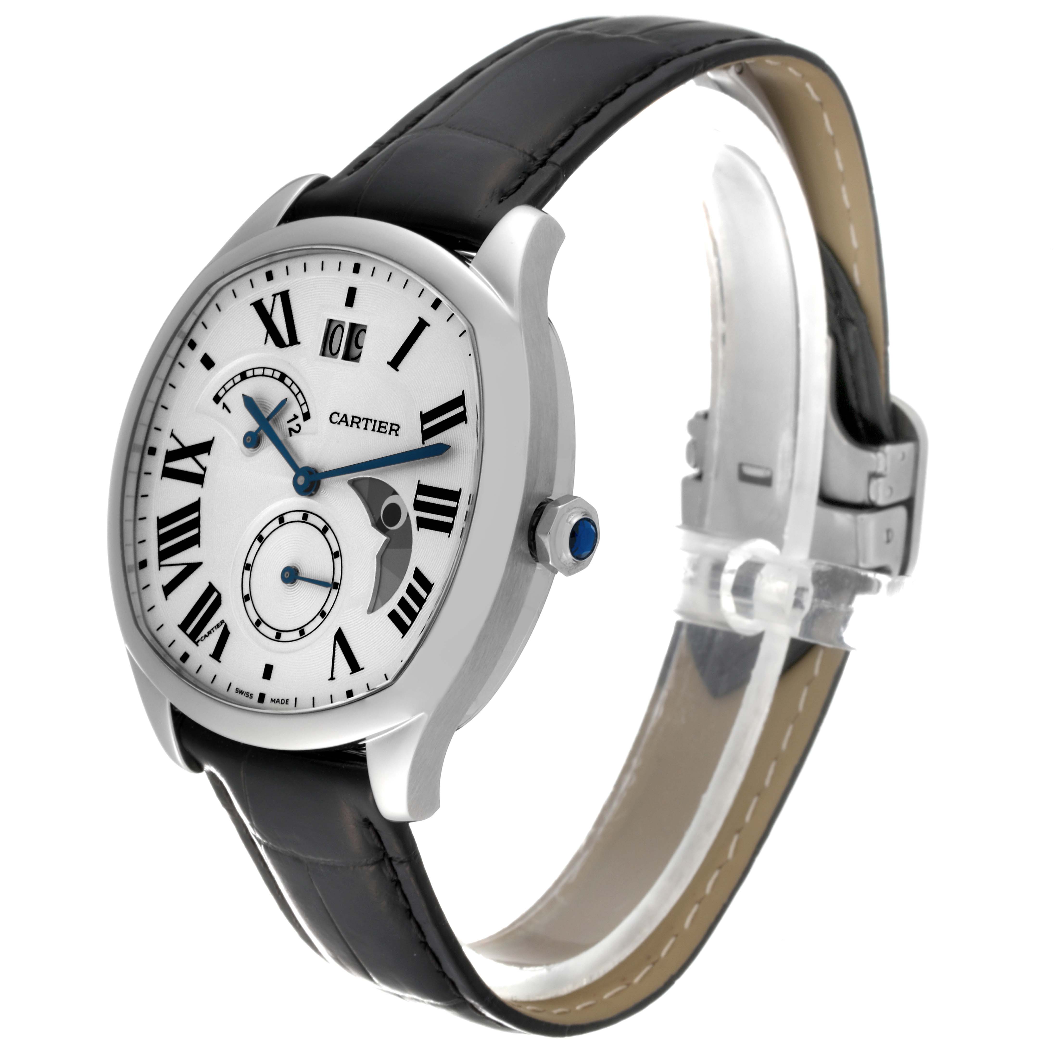 The image shows a Drive de Cartier watch by Cartier at a three-quarter angle, displaying its face, case, crown, and strap.