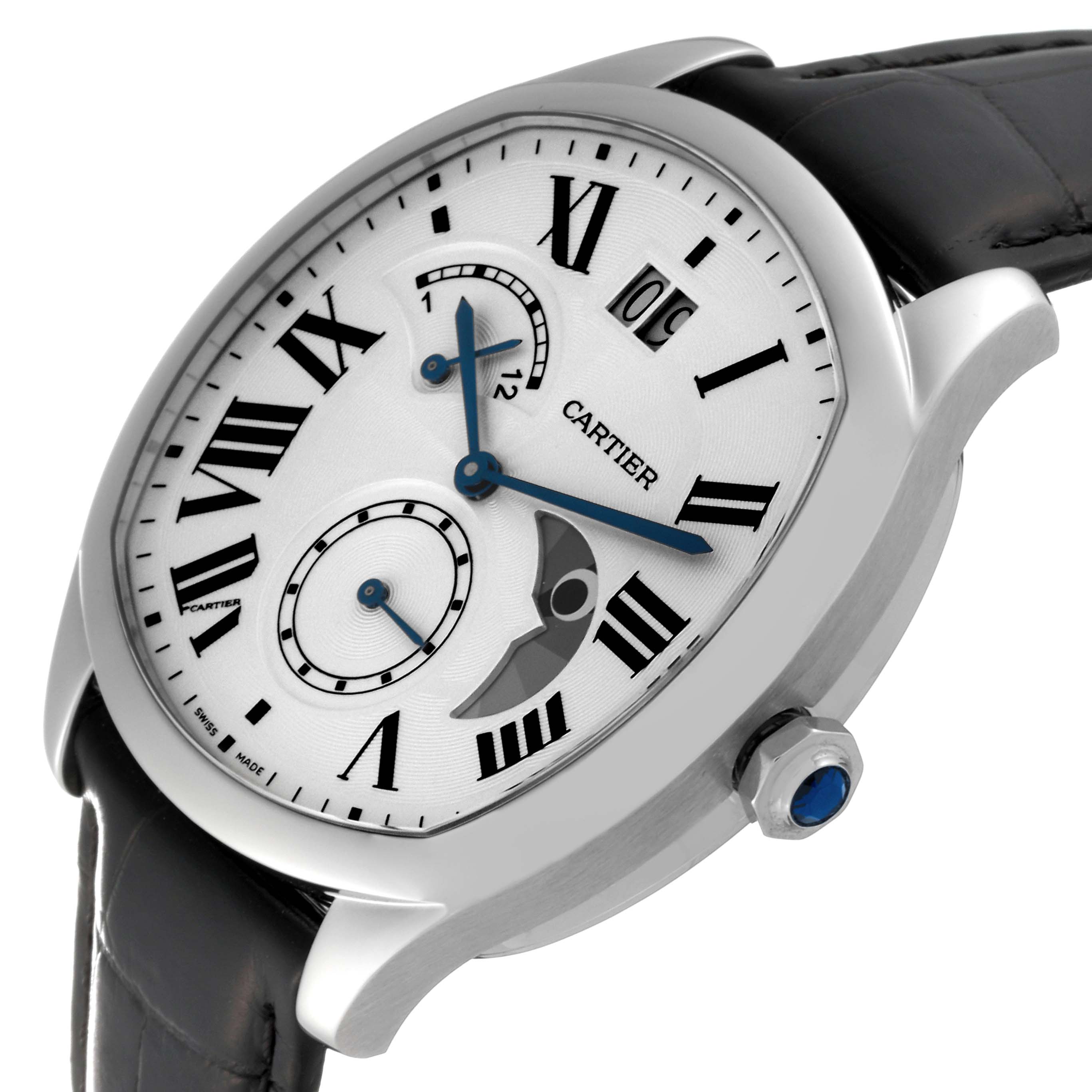 The Drive de Cartier watch by Cartier is shown at a tilted angle, highlighting its dial, Roman numerals, subdials, crown, and strap.