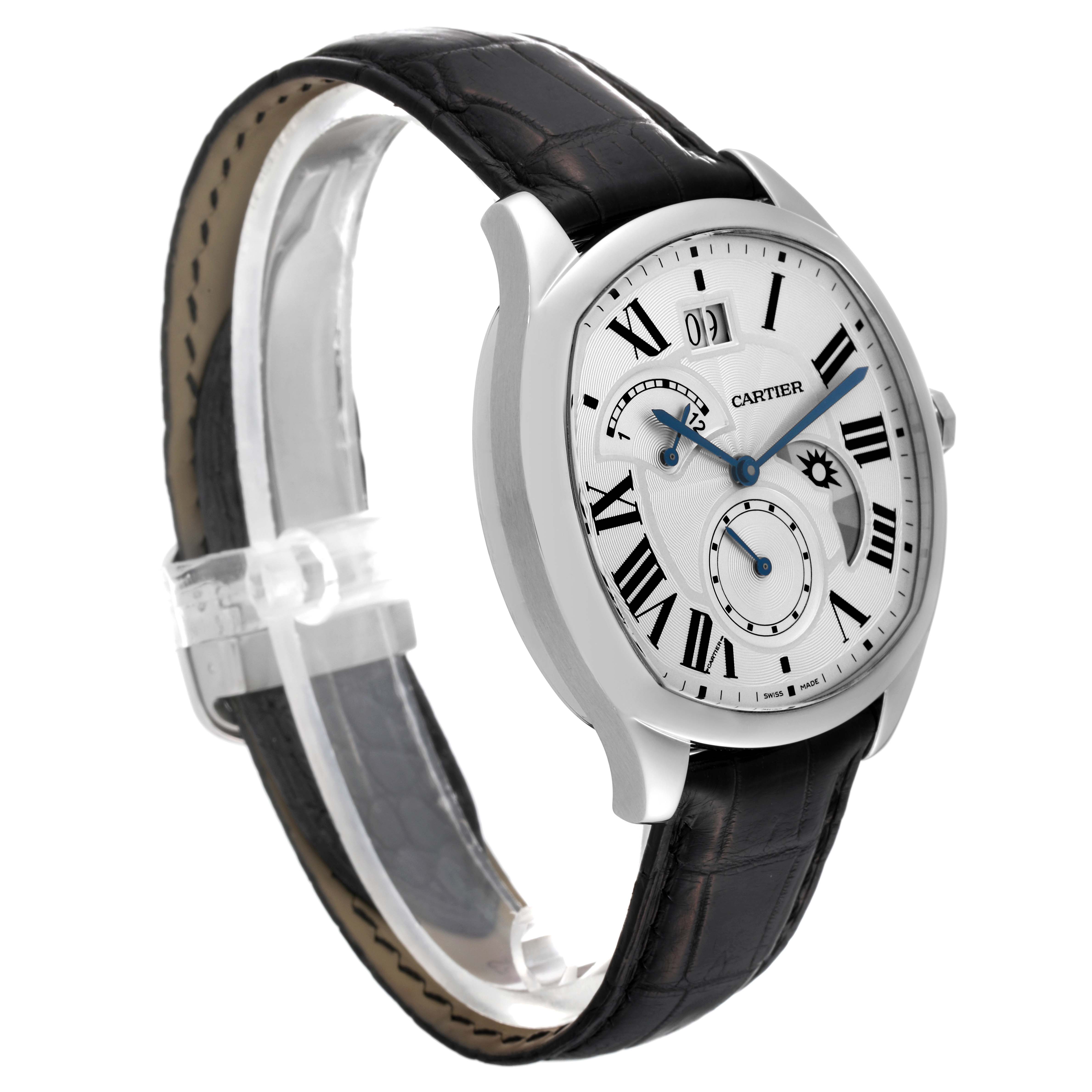 This Drive de Cartier watch by Cartier is shown from a front-side angle, displaying the face, case, and leather strap.