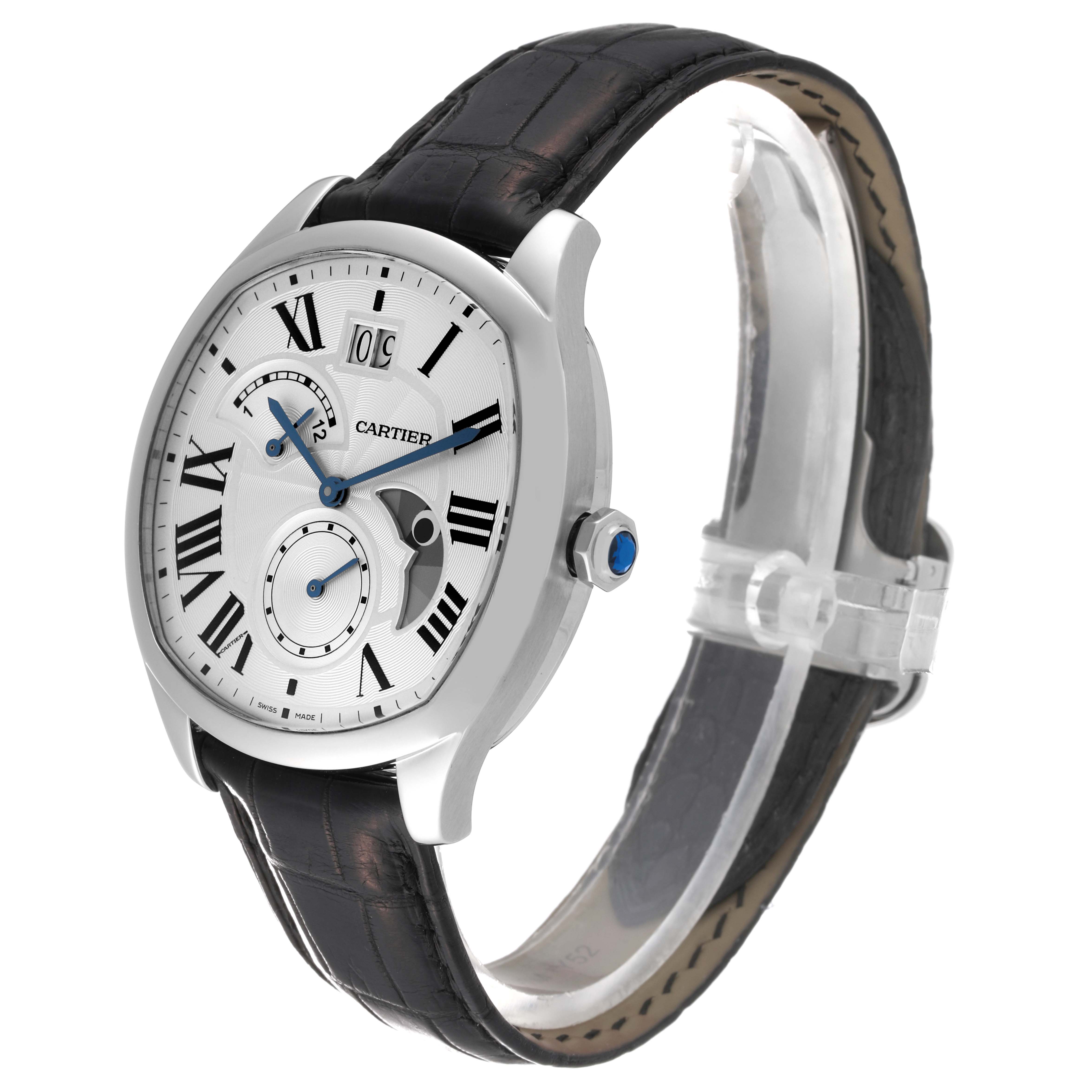 This image shows a Drive de Cartier watch by Cartier from a front-side angle, highlighting its face, bezel, and leather strap.