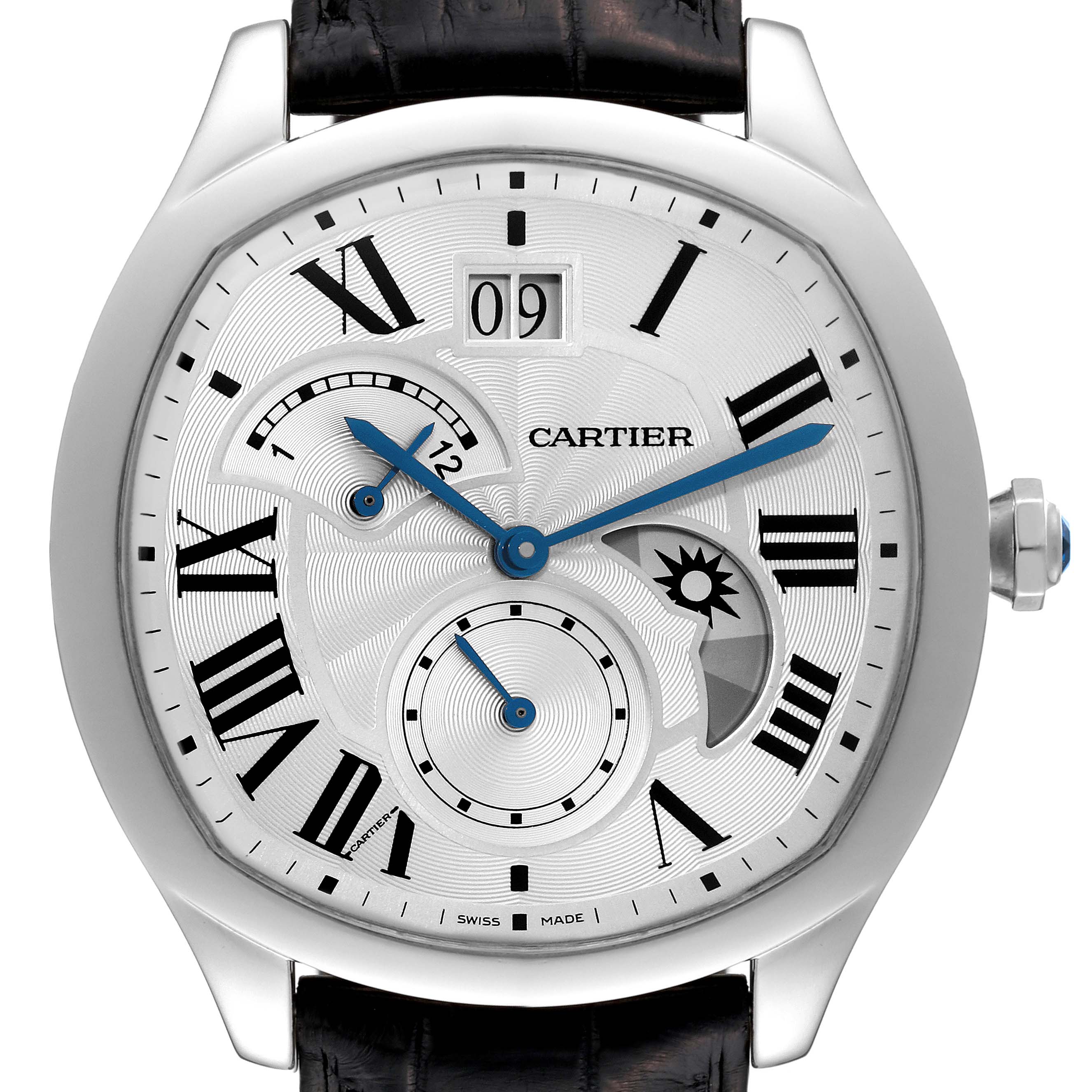 This image shows a frontal view of a Drive de Cartier watch by Cartier, highlighting the dial, hands, subdials, and crown.