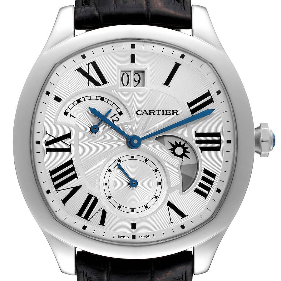 This image shows a frontal view of a Drive de Cartier watch by Cartier, highlighting the dial, hands, subdials, and crown.