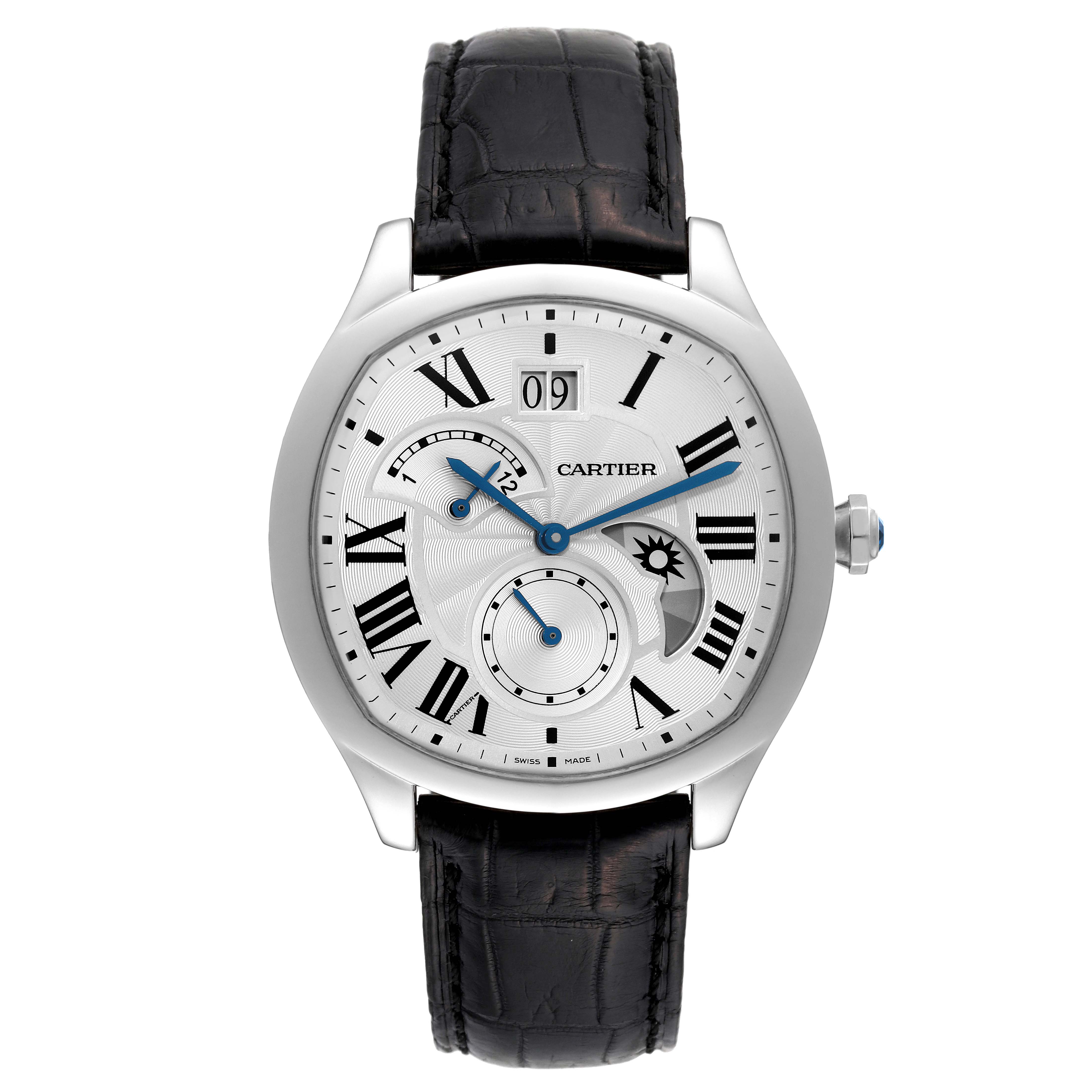 The image shows a frontal view of a Drive de Cartier watch by Cartier, highlighting its face, dial, and black leather strap.