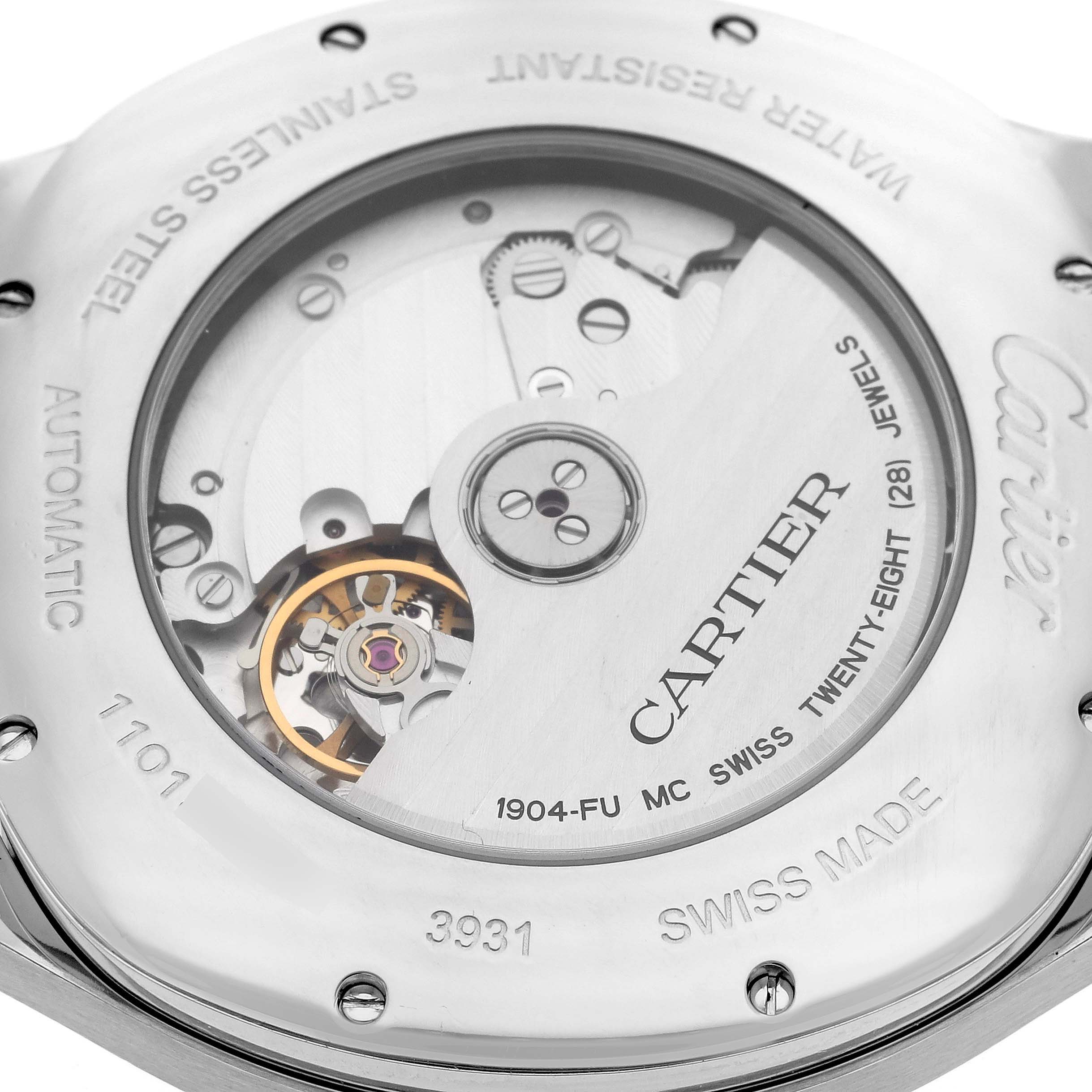 This image shows the back of the Drive de Cartier watch by Cartier, highlighting its automatic movement and internal mechanisms.