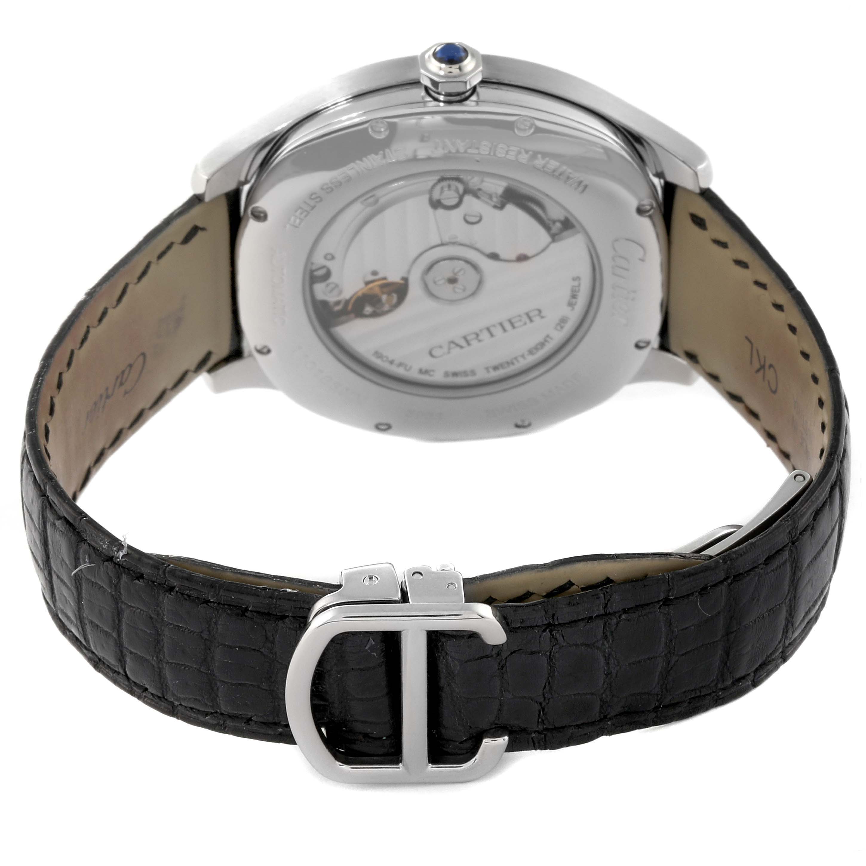 The image shows the back and strap of the Drive de Cartier watch by Cartier, focusing on the watch's case back and clasp.