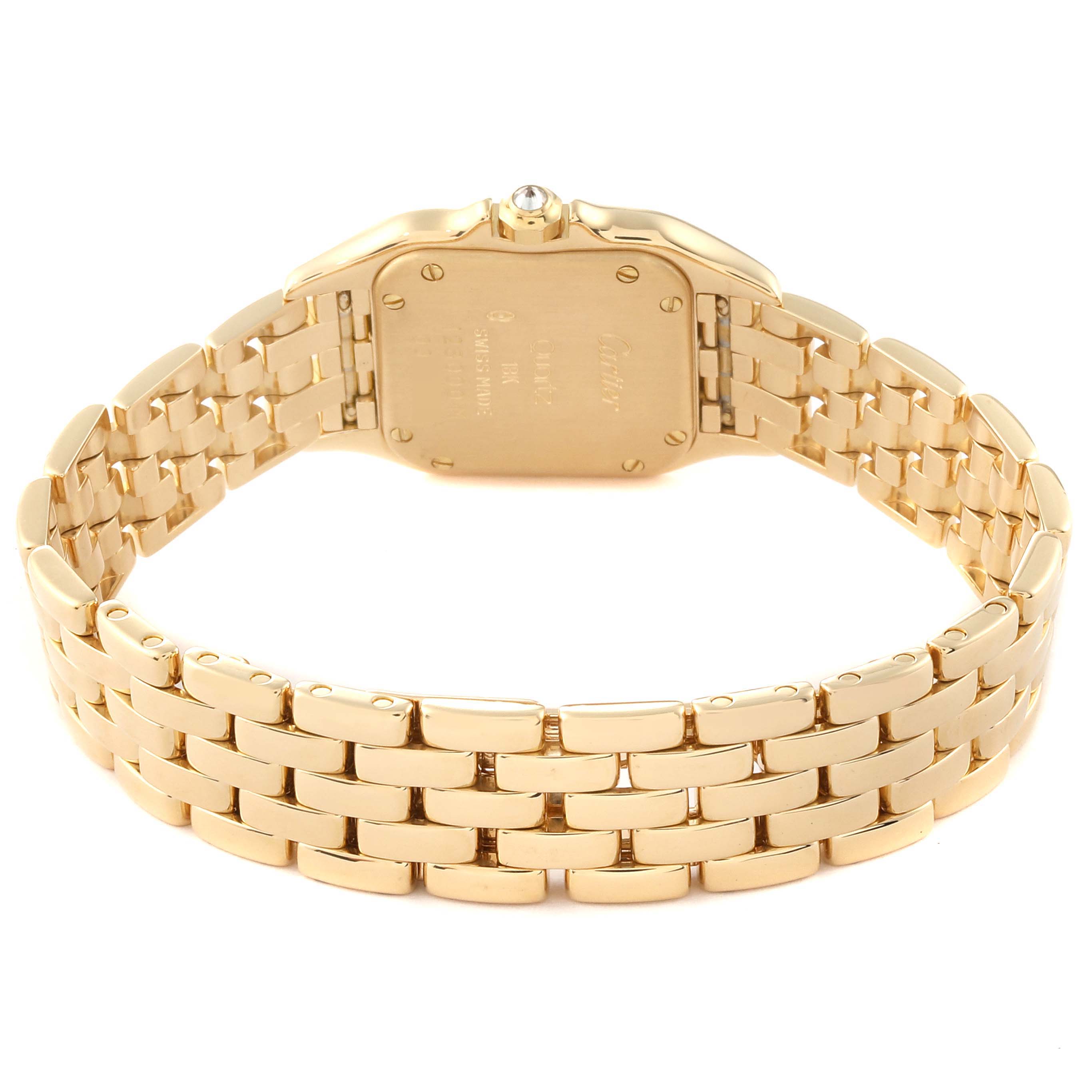 This image shows the back case and bracelet of the Cartier Panthere WF3072B9 Women's Yellow Gold White Dial WF3072B9 Women's Yellow Gold White Dial watch from a rear angle.