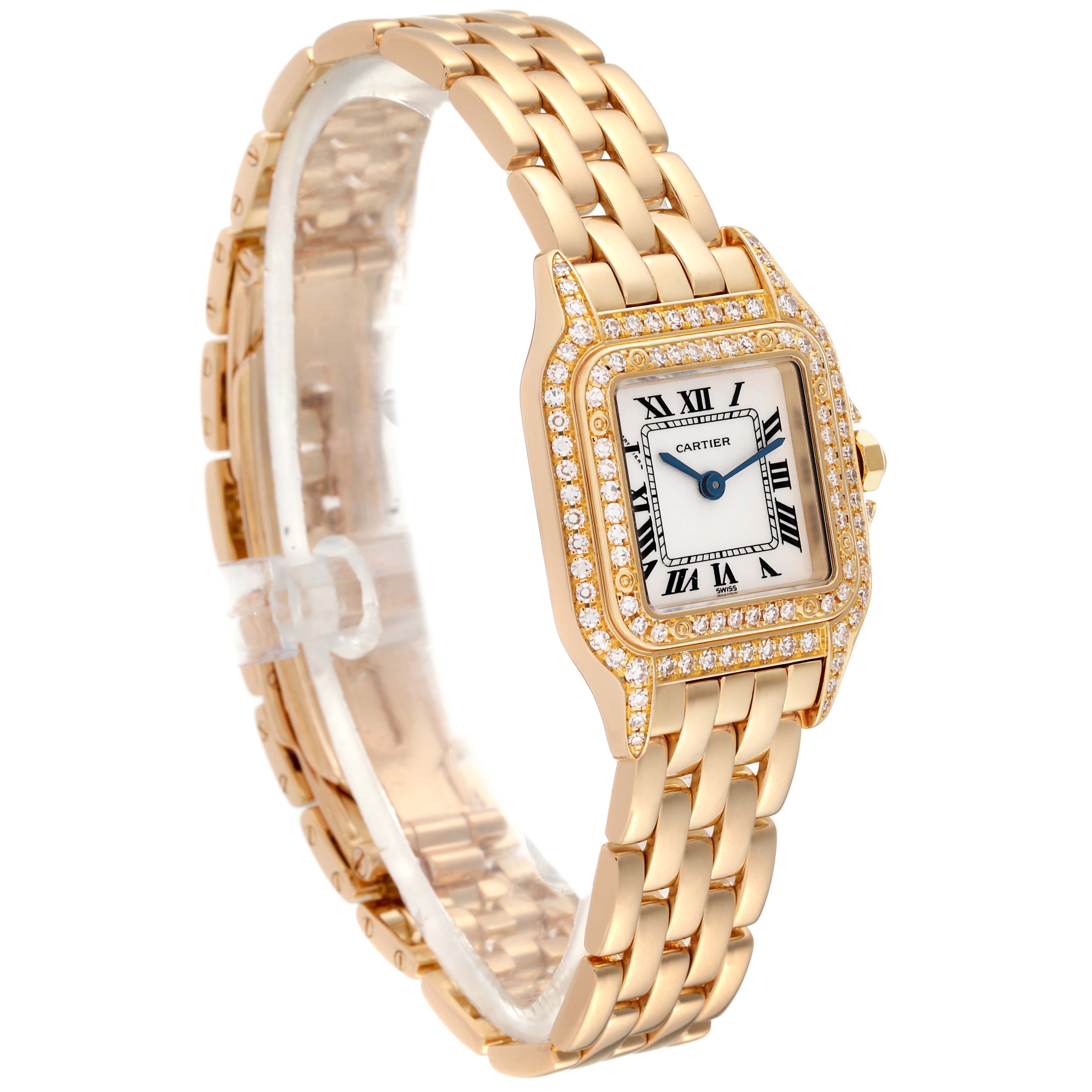 The image shows a side view of the Panthere de Cartier watch, highlighting its gold bracelet and diamond-encrusted bezel.