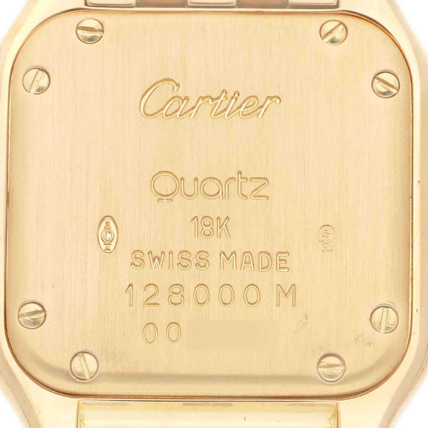 This image shows the back case of a Panthere model Cartier watch, displaying the brand logo and specifications.
