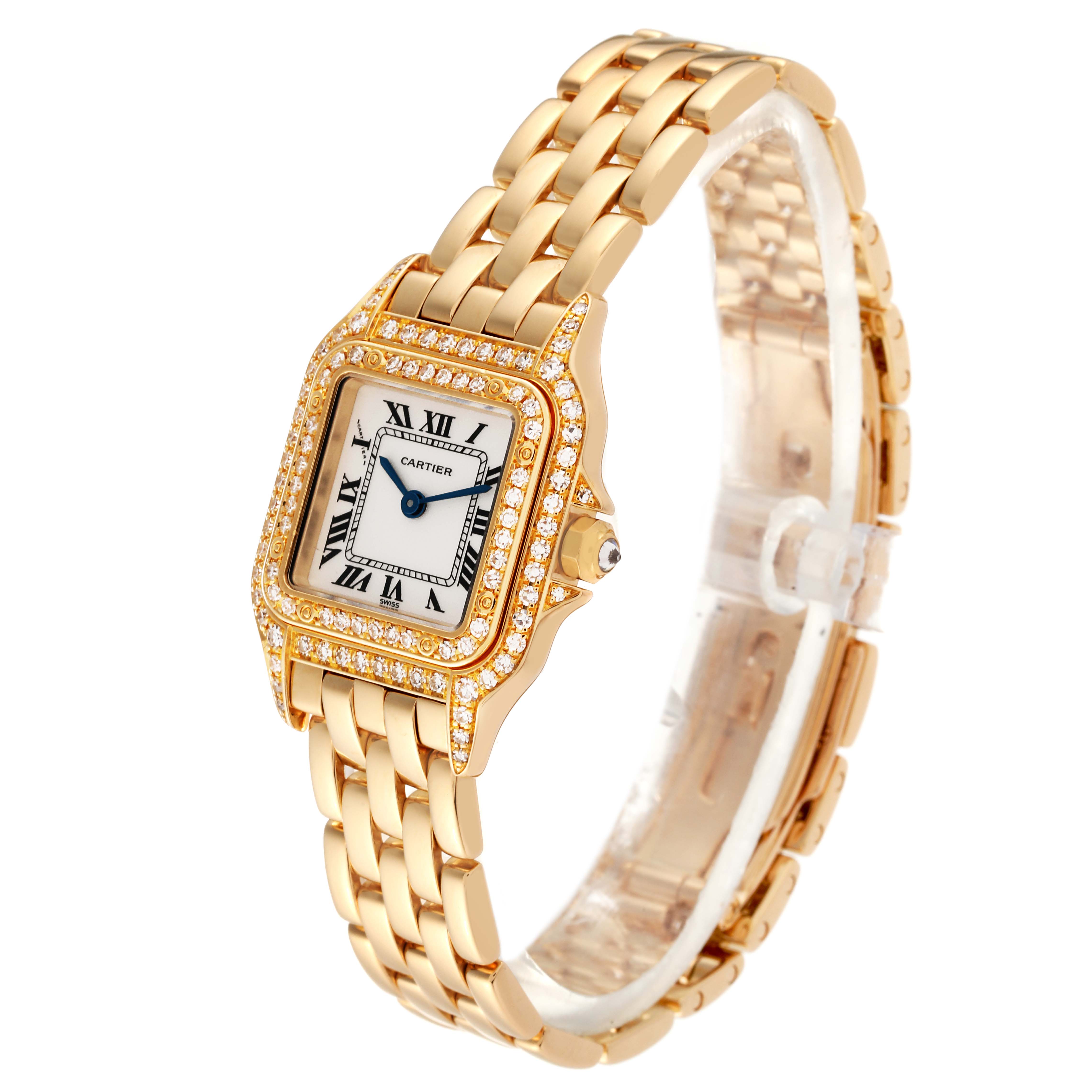 The Cartier Panthere WF3072B9 Women's Yellow Gold White Dial WF3072B9 Women's Yellow Gold White Dial watch is shown at an angled view, highlighting its gold bracelet and diamond-encrusted square bezel.