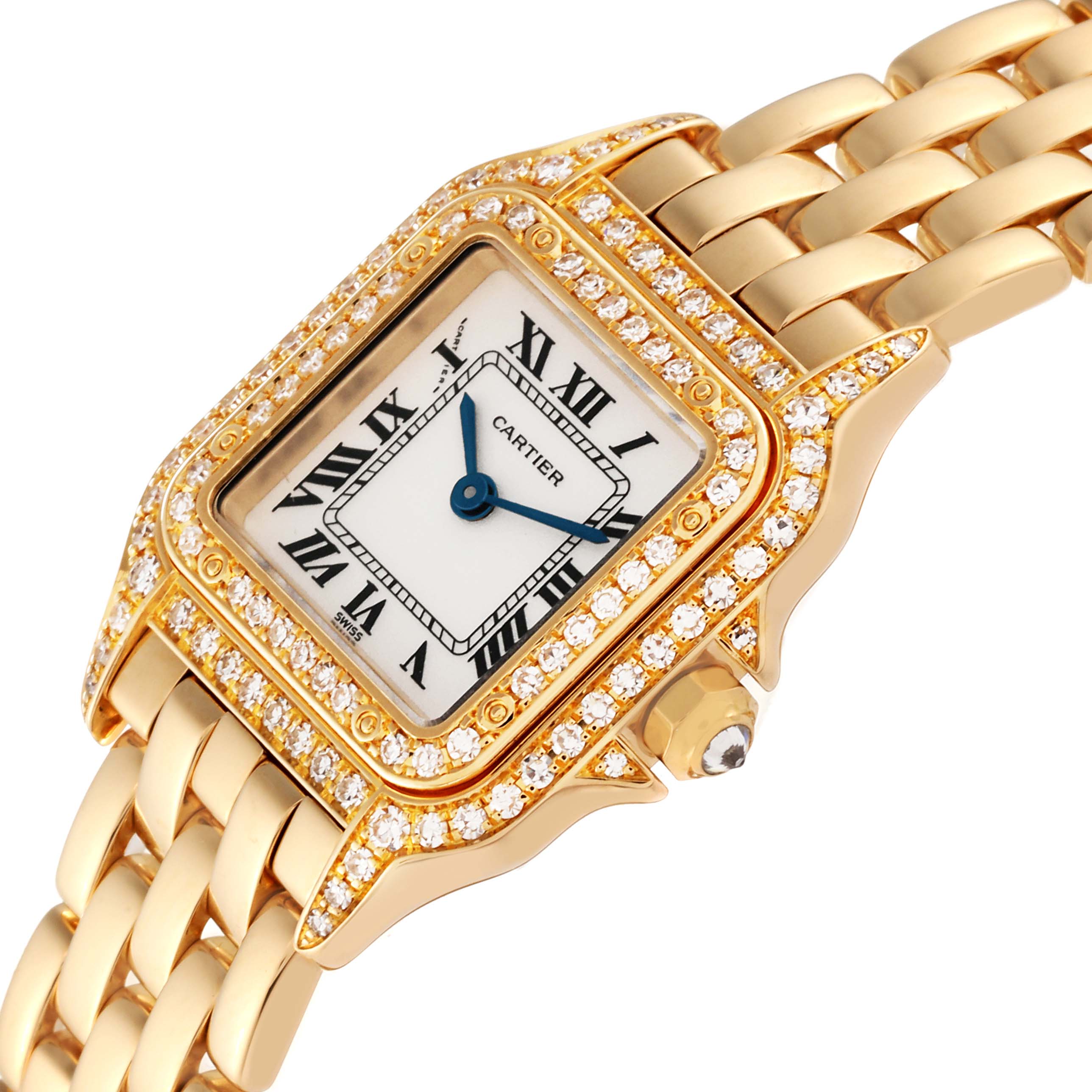 The Cartier Panthere WF3072B9 Women's Yellow Gold White Dial WF3072B9 Women's Yellow Gold White Dial watch is shown from an angled view, highlighting the diamond-studded bezel, dial, crown, and bracelet.