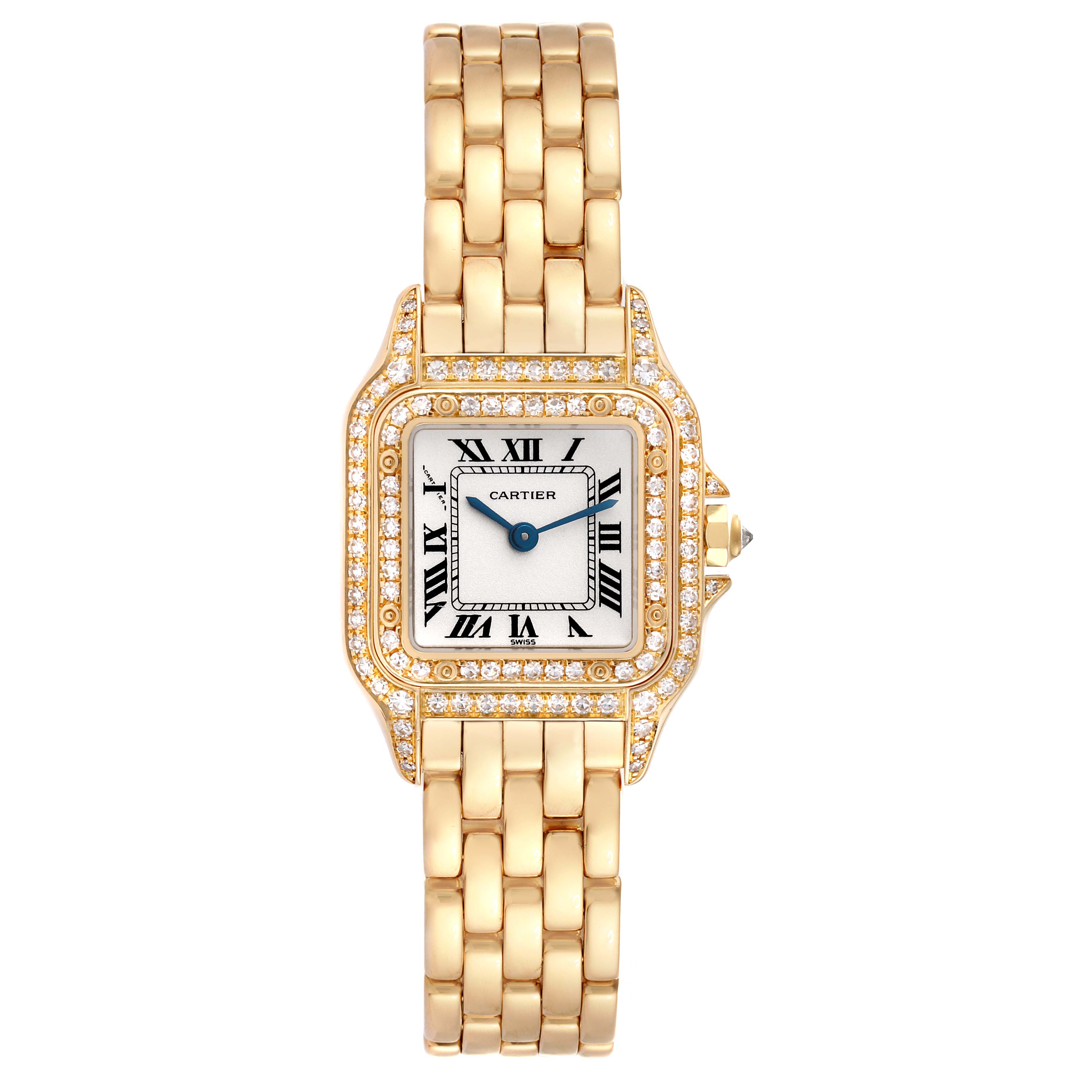 The image shows a front view of a Cartier Panthère model watch with a gold bracelet and diamond bezel.