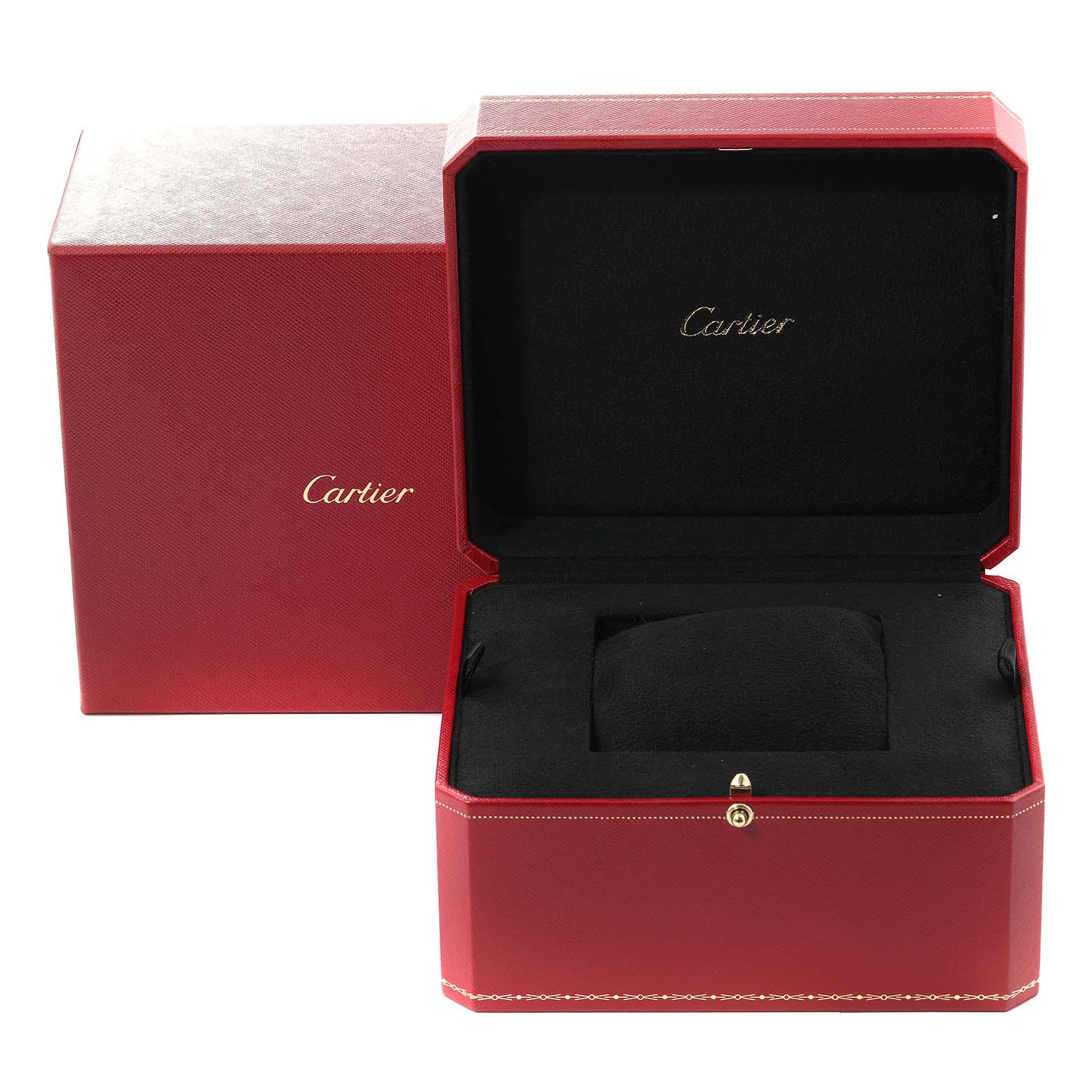 The image shows an open red Cartier box for the Panthere model, with a black interior and cushion for the watch.