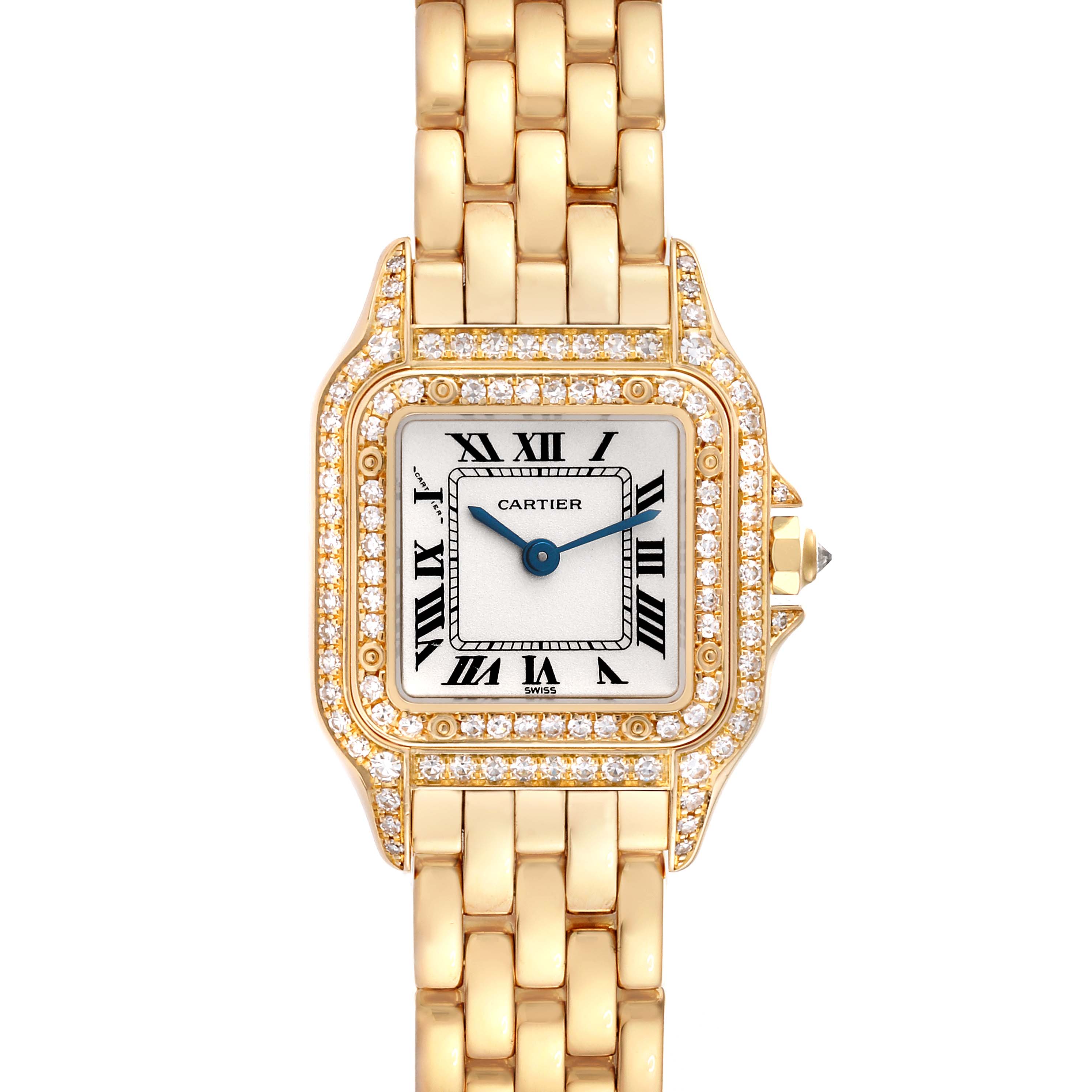 The image shows a frontal view of a Cartier Panthere WF3072B9 Women's Yellow Gold White Dial WF3072B9 Women's Yellow Gold White Dial model watch with a gold band and diamond-encrusted bezel.