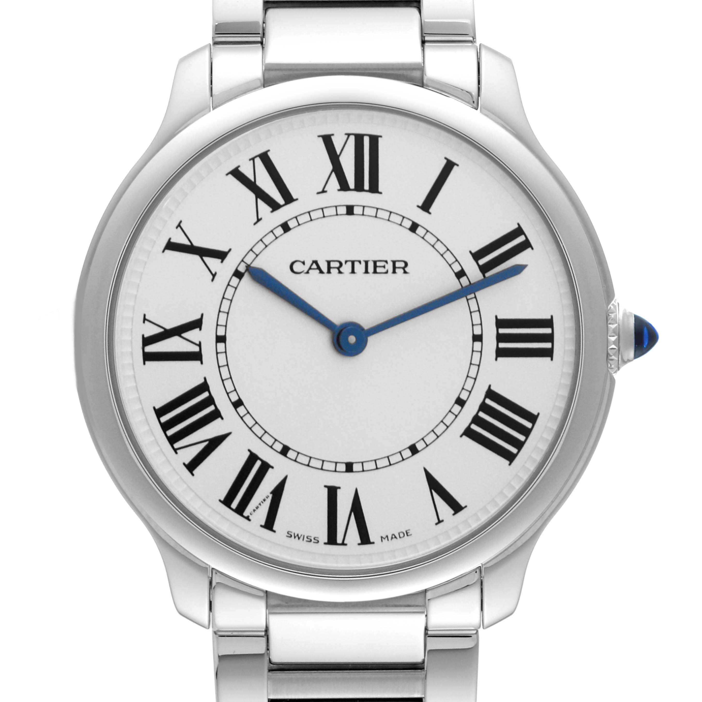 This image shows a front view of the Cartier Ronde WSRN0034 Men
s Stainless Steel Silver Dial WSRN0034 Men
s Stainless Steel Silver Dial model watch, highlighting its silver case, Roman numerals, and blue hands.