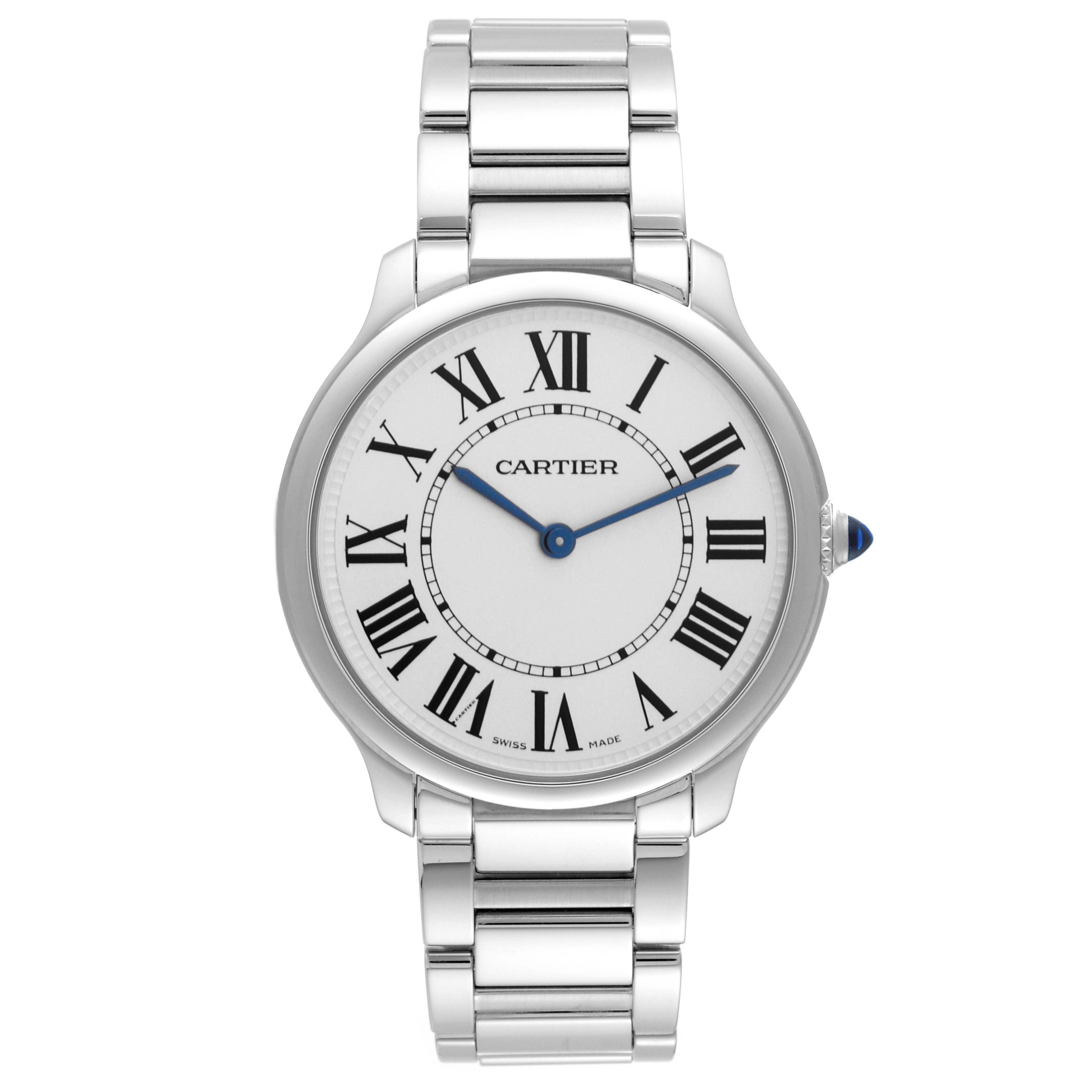 This image shows a front view of the Cartier Ronde WSRN0034 Men
s Stainless Steel Silver Dial WSRN0034 Men
s Stainless Steel Silver Dial model watch, highlighting its face, Roman numerals, and metal bracelet.