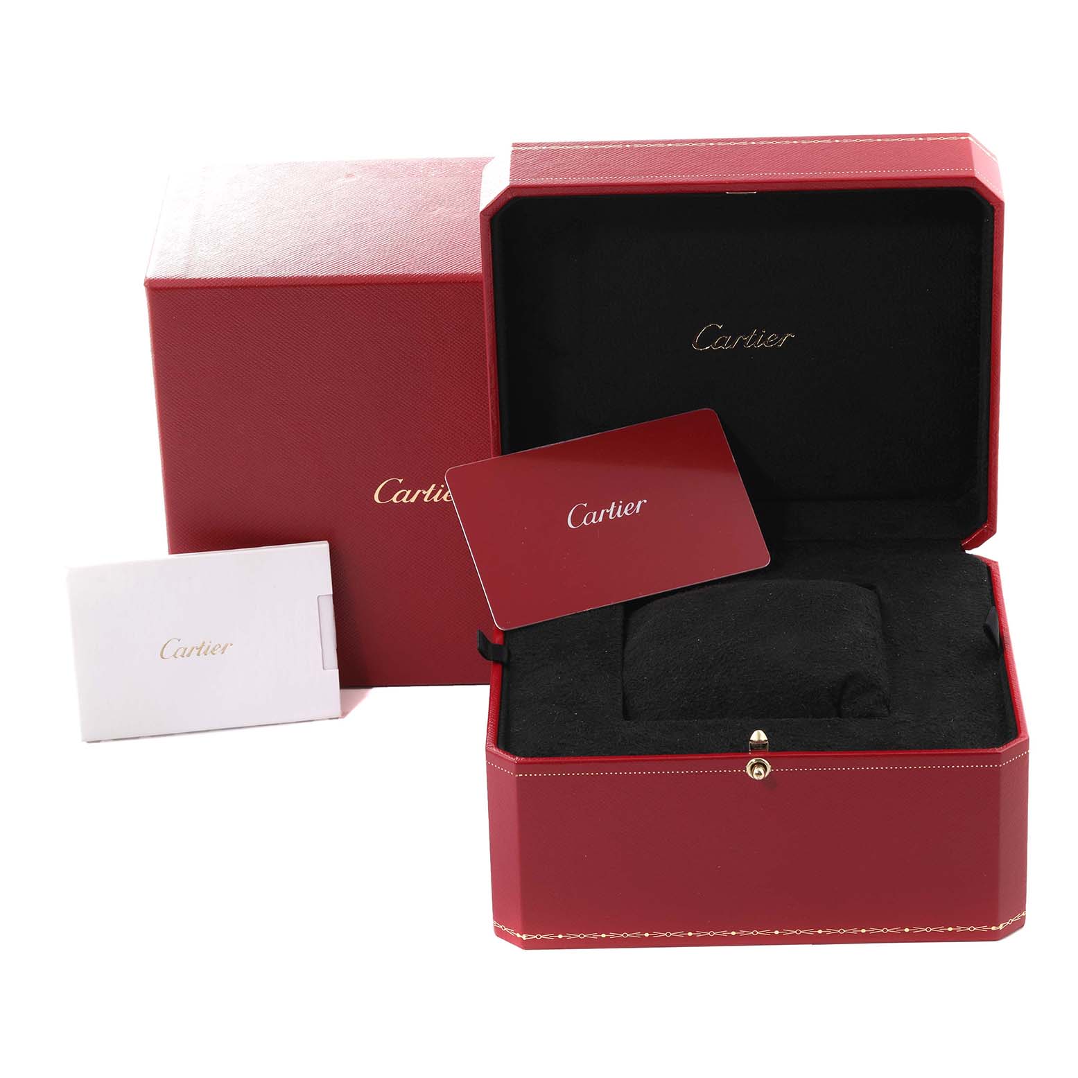 This image shows the open red and black Cartier watch box for the Ronde model, along with accompanying documents and packaging.