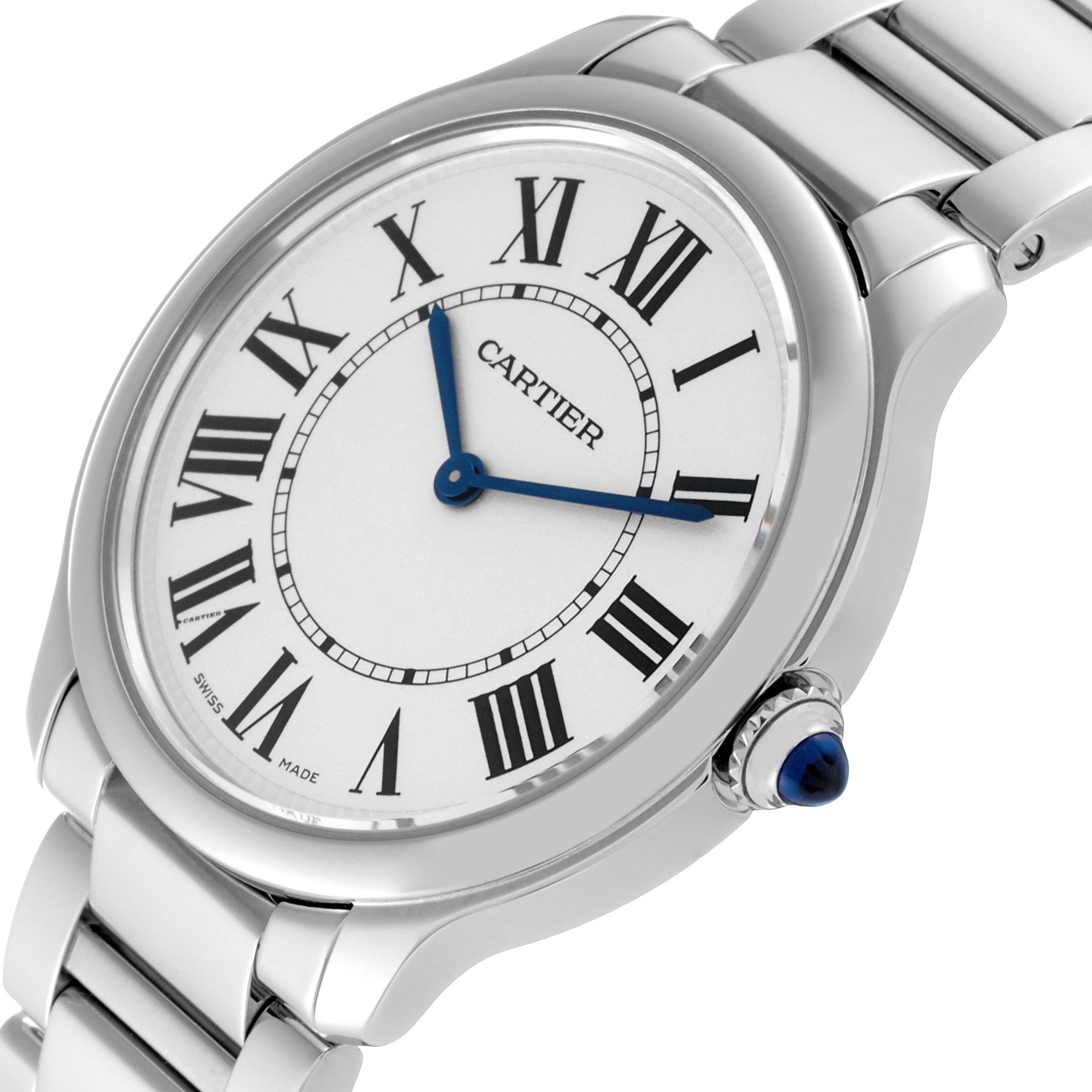 This image shows a close-up side angle of the Cartier Ronde WSRN0034 Men
s Stainless Steel Silver Dial WSRN0034 Men
s Stainless Steel Silver Dial watch, highlighting the face, Roman numerals, and crown with a blue cabochon.