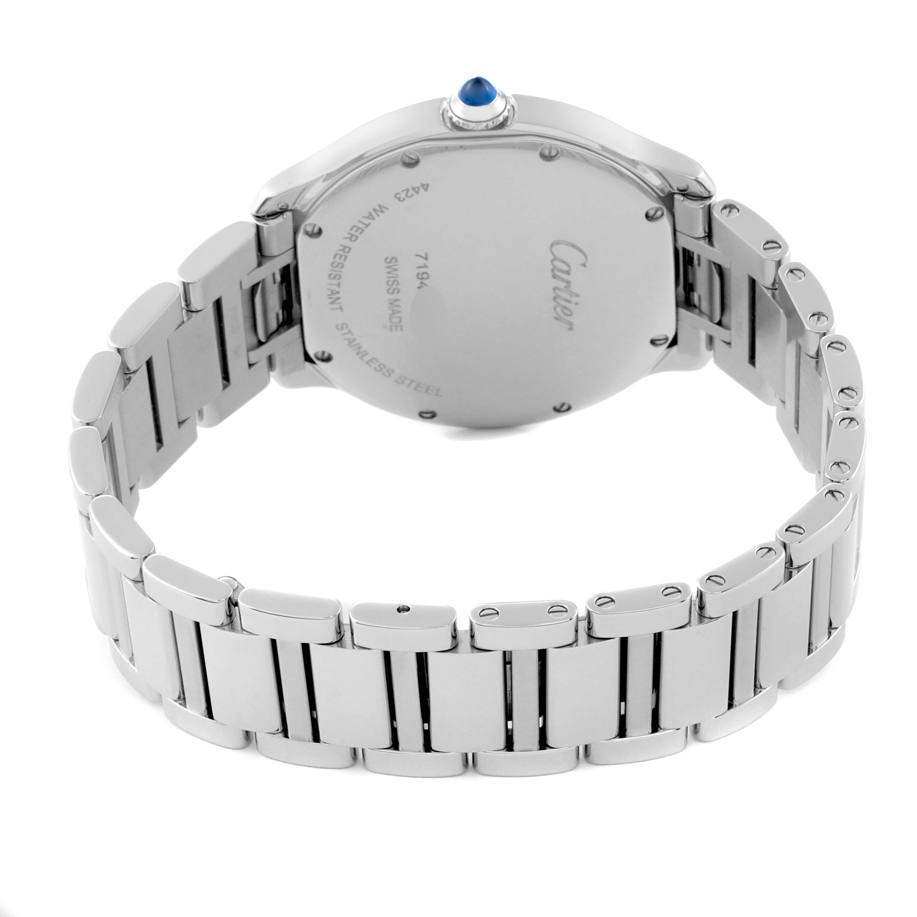 The image shows the back view of a Cartier Ronde WSRN0034 Men
s Stainless Steel Silver Dial WSRN0034 Men
s Stainless Steel Silver Dial watch, highlighting its stainless steel case and bracelet.