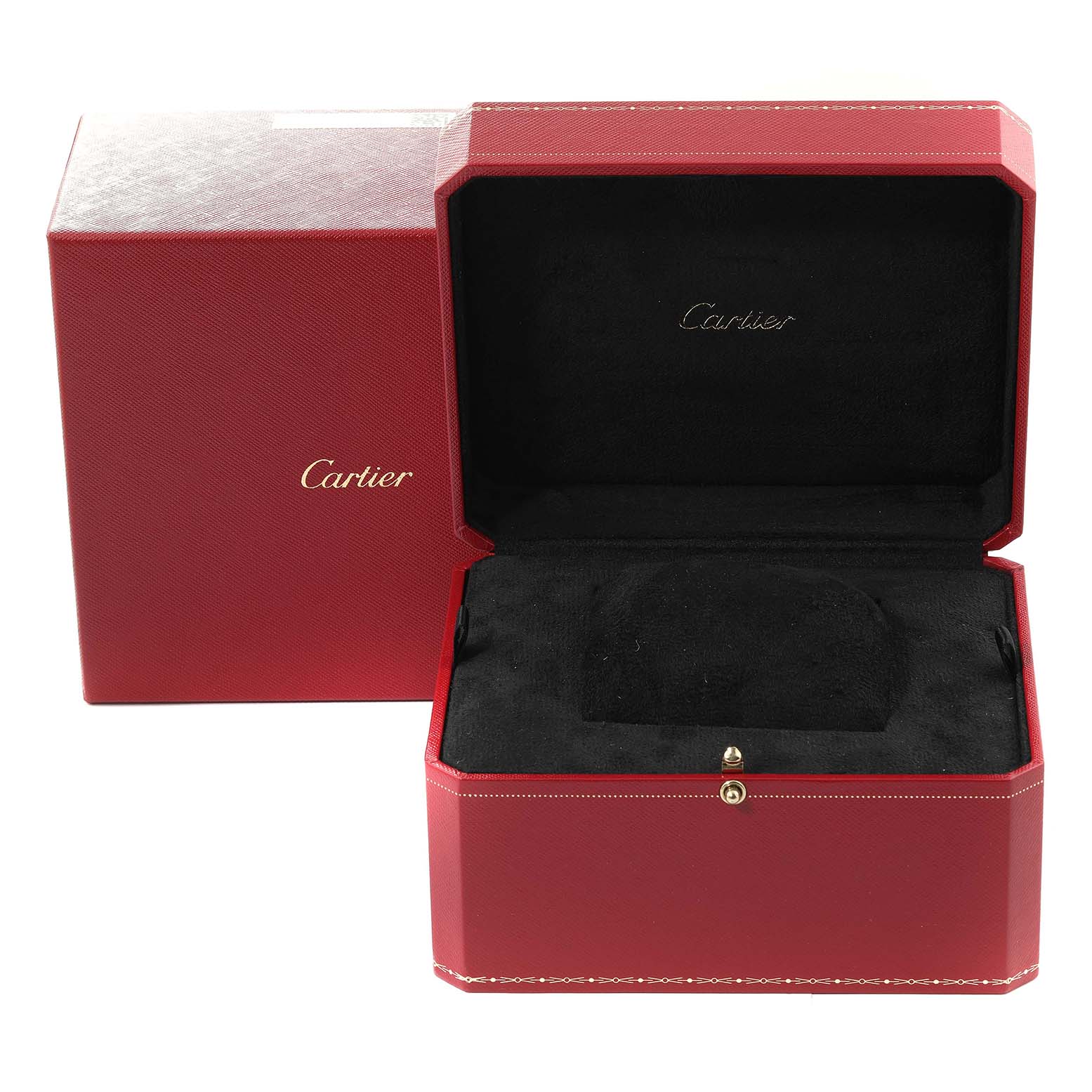 The image shows an open Cartier Rotonde W1556225 Men's Rose Gold Brown Dial W1556225 Men's Rose Gold Brown Dial watch box with a red exterior and black interior, along with the outer packaging.