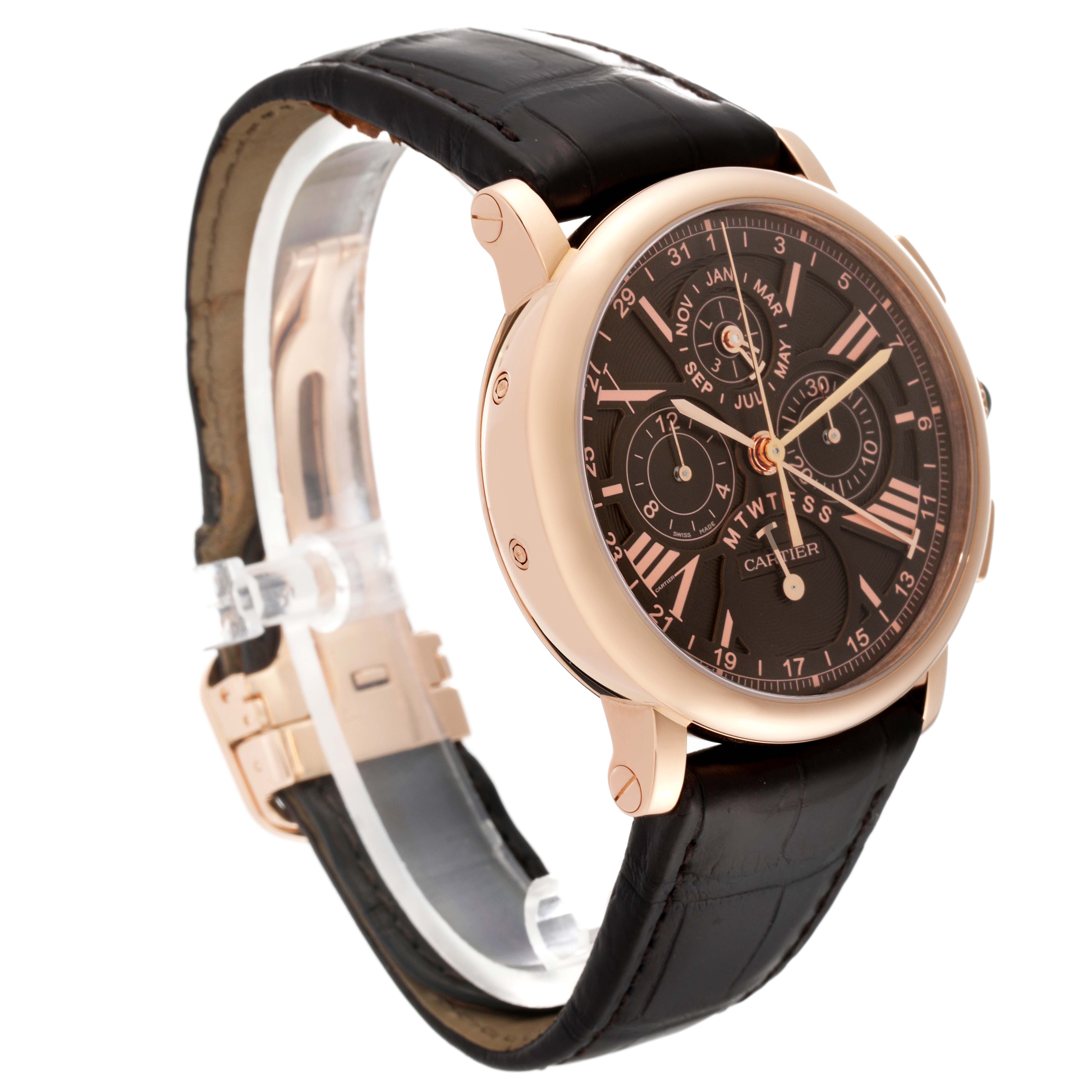 The image shows the front and side view of the Rotonde model by Cartier, highlighting the dial, case, and leather strap.