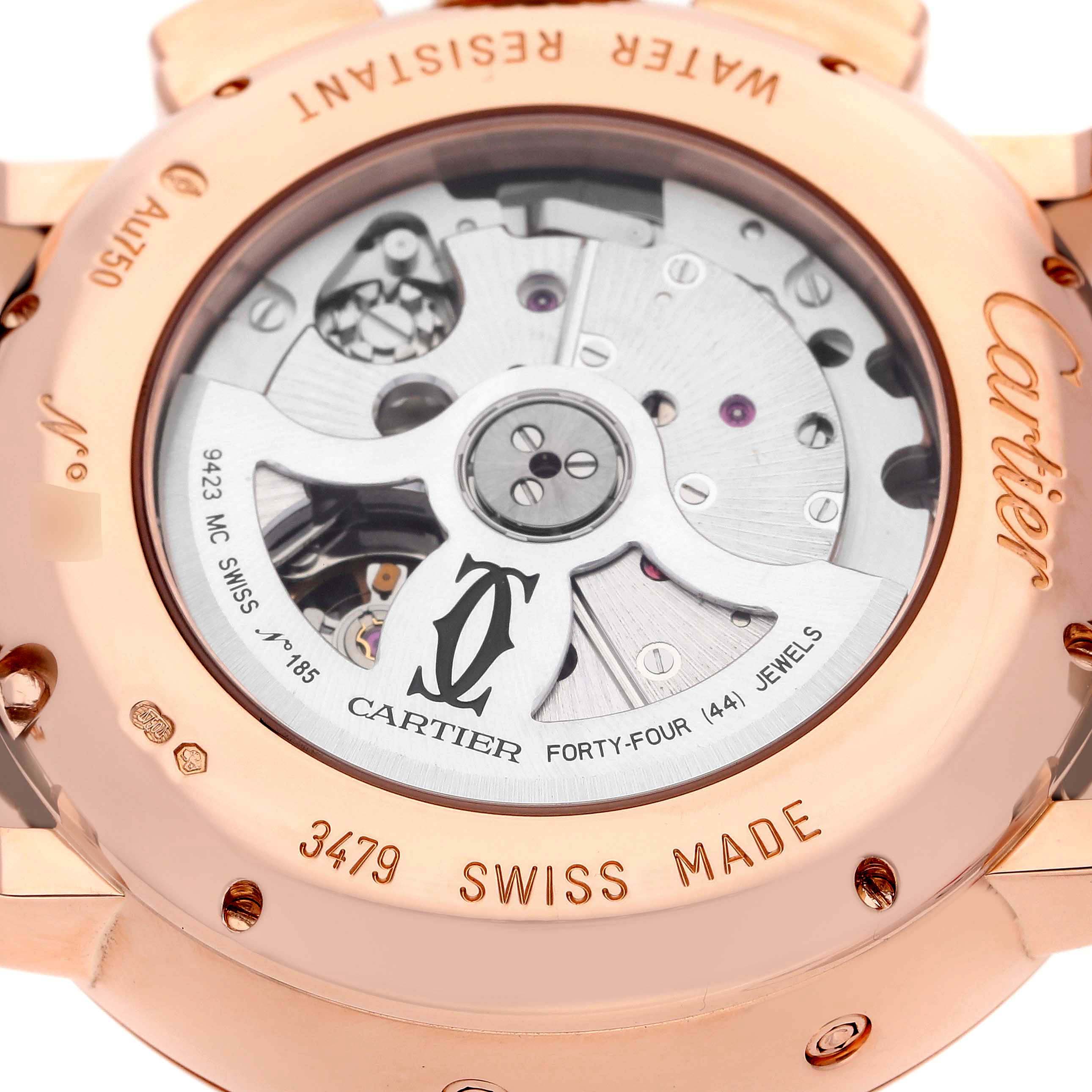 A close-up view of the back of a Cartier Rotonde W1556225 Men's Rose Gold Brown Dial W1556225 Men's Rose Gold Brown Dial watch, showcasing its movement and engravings.