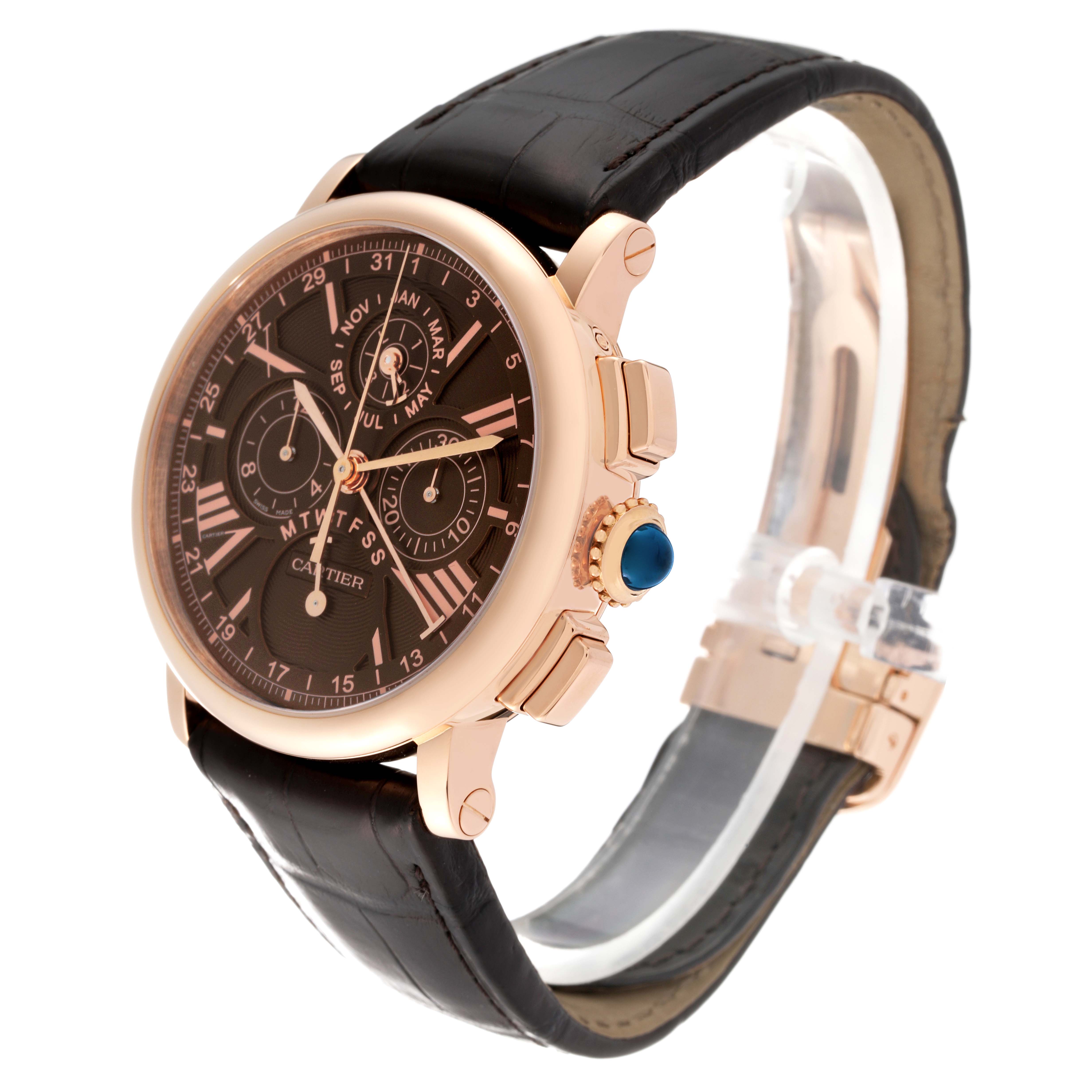 This image shows a Rotonde model by Cartier at a three-quarter angle, highlighting the watch face, crown, and strap.