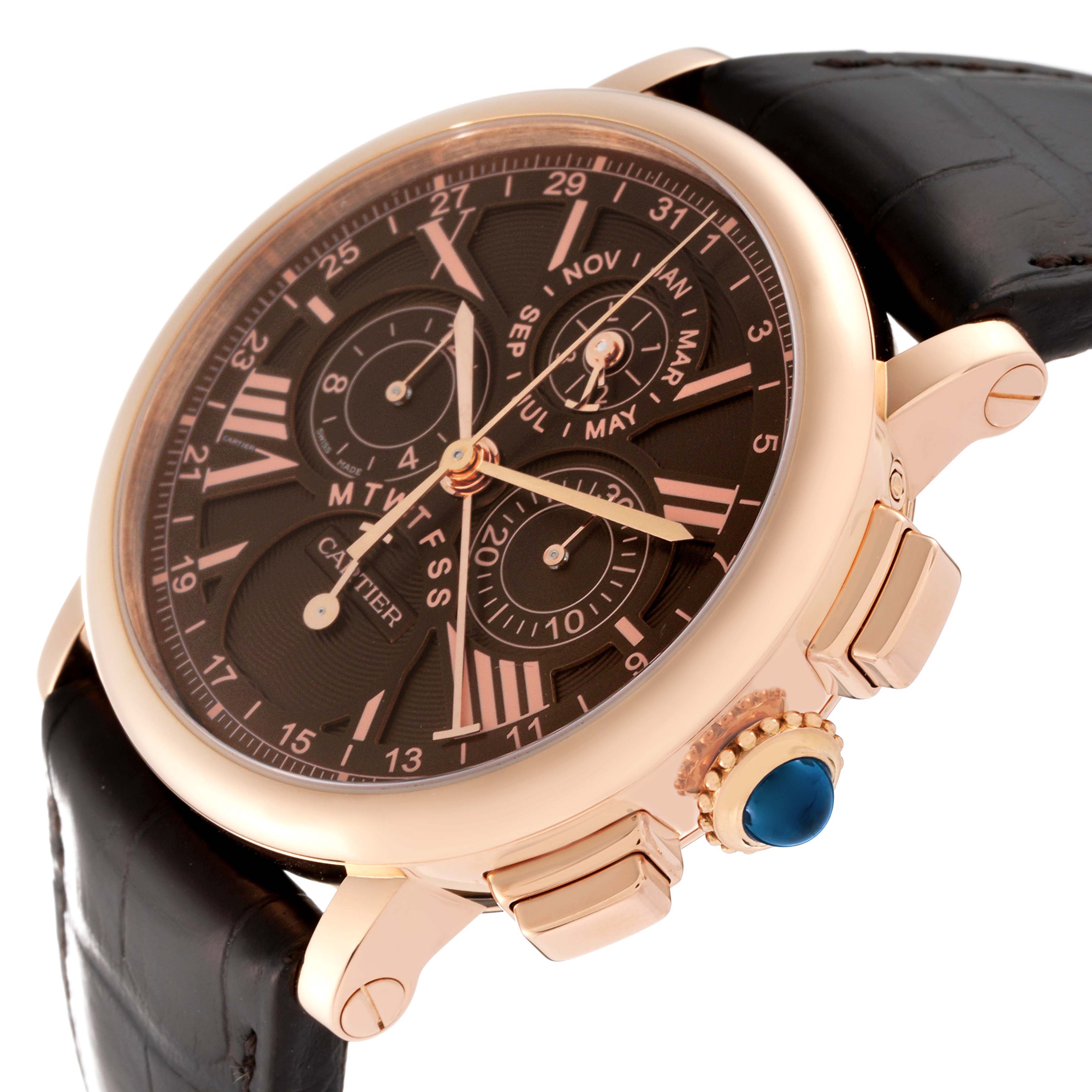 The image shows a Rotonde model by Cartier from an angled side view, highlighting the crown, sub-dials, and strap.