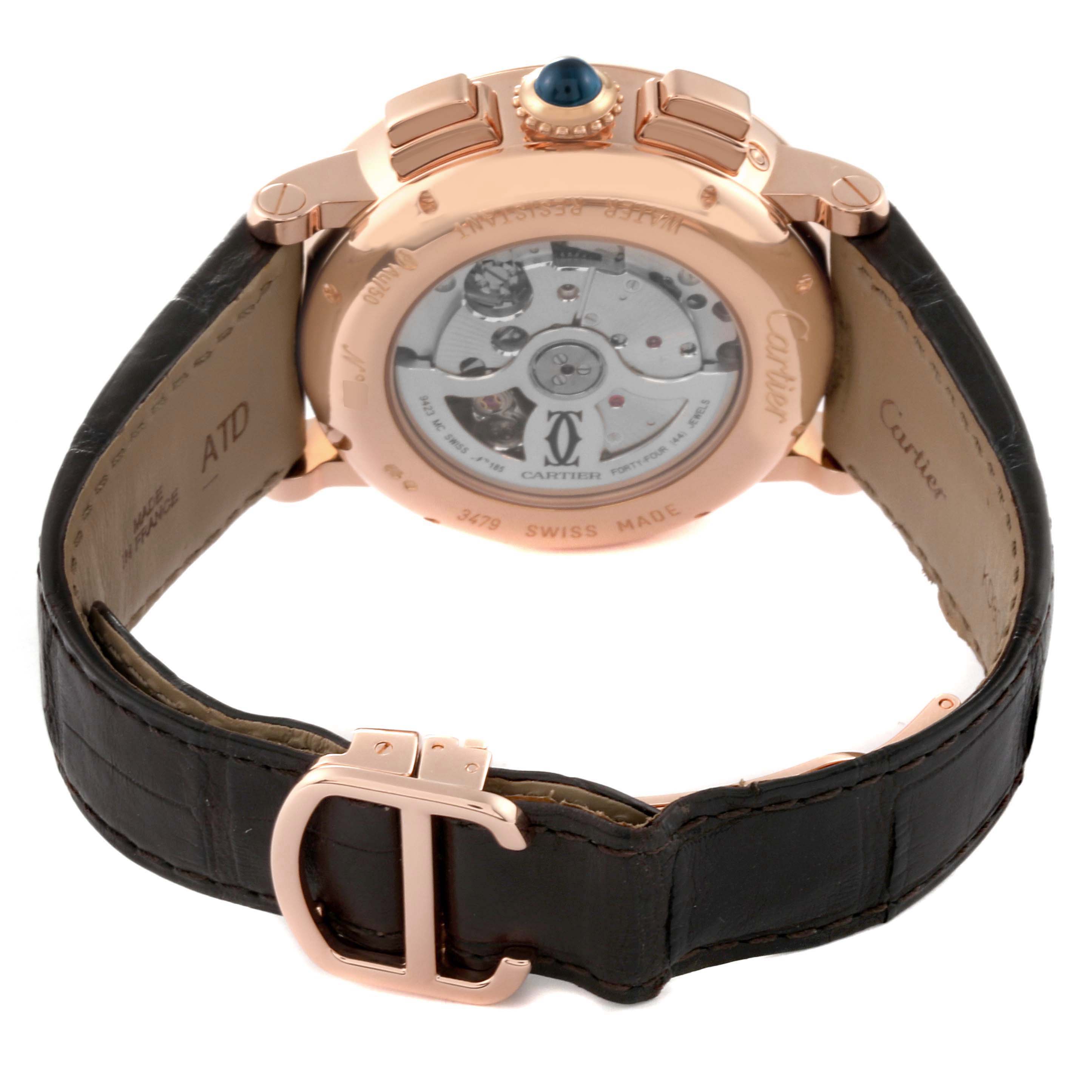 This image shows the back view of a Rotonde model watch by Cartier, highlighting the movement and strap.