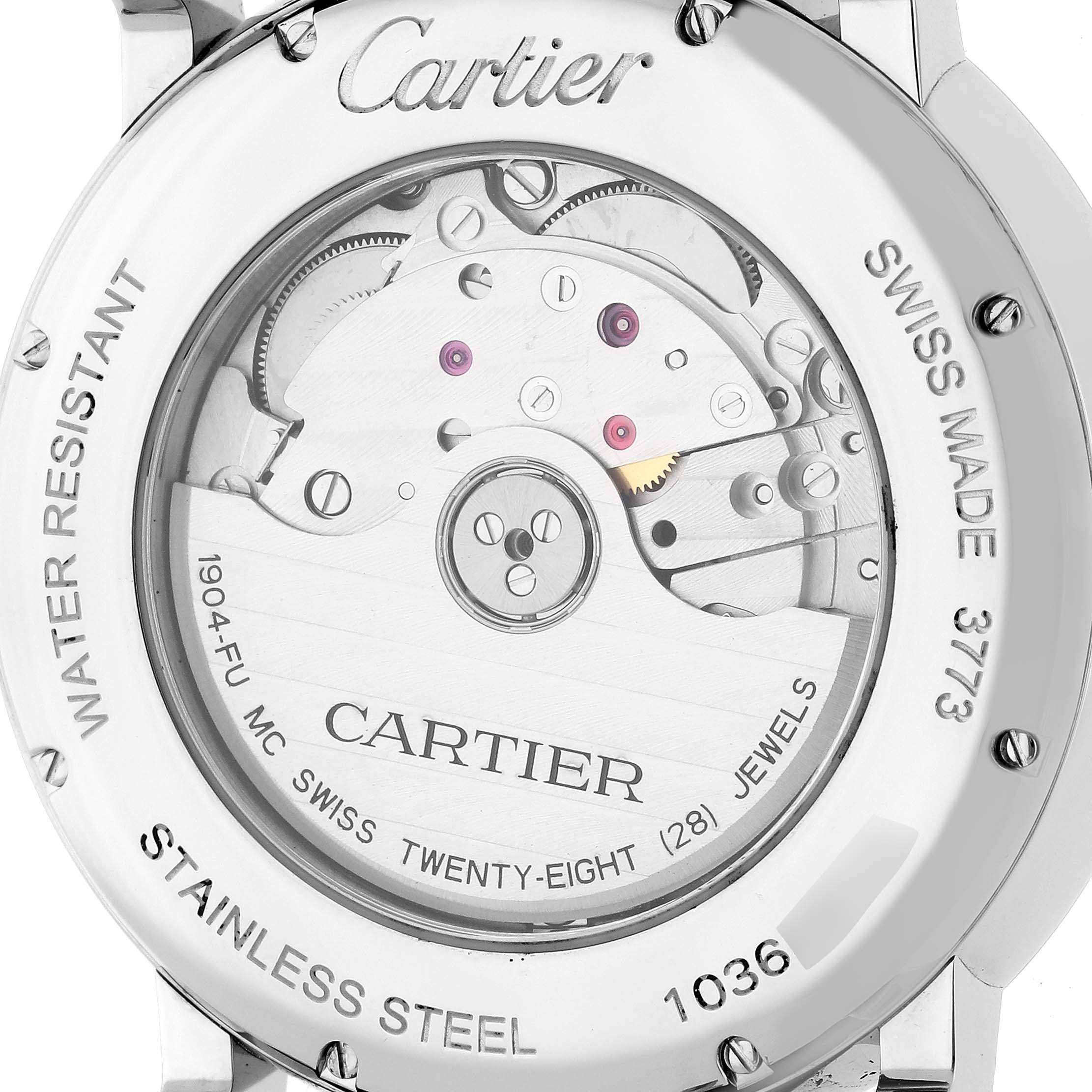 This is the back view of a Cartier Rotonde W1556368 Men
s Stainless Steel Silver Dial W1556368 Men
s Stainless Steel Silver Dial watch, showing the movement and inner mechanical parts.