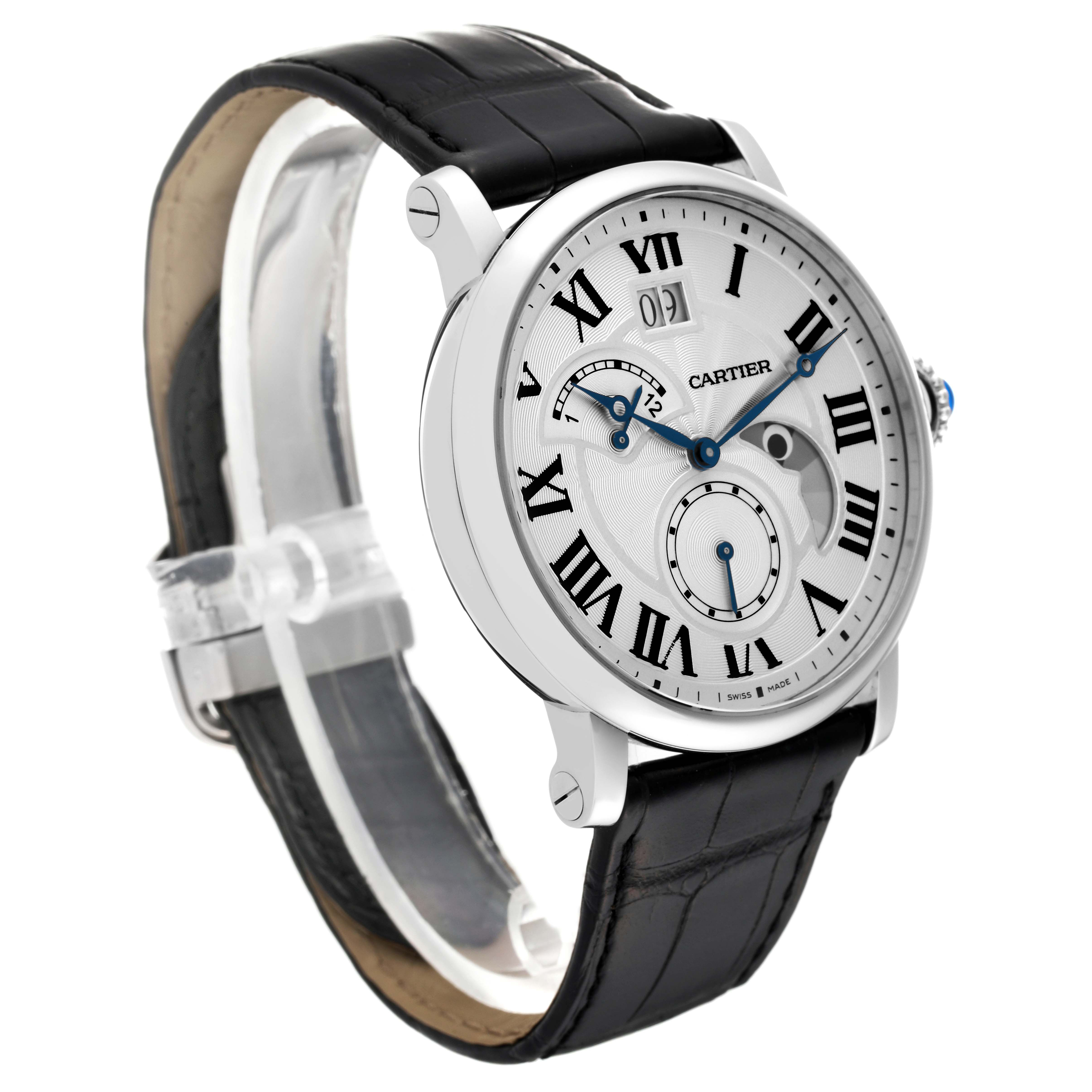 The image shows the Cartier Rotonde W1556368 Men
s Stainless Steel Silver Dial W1556368 Men
s Stainless Steel Silver Dial watch at an angle displaying the face, side profile, and part of the strap.