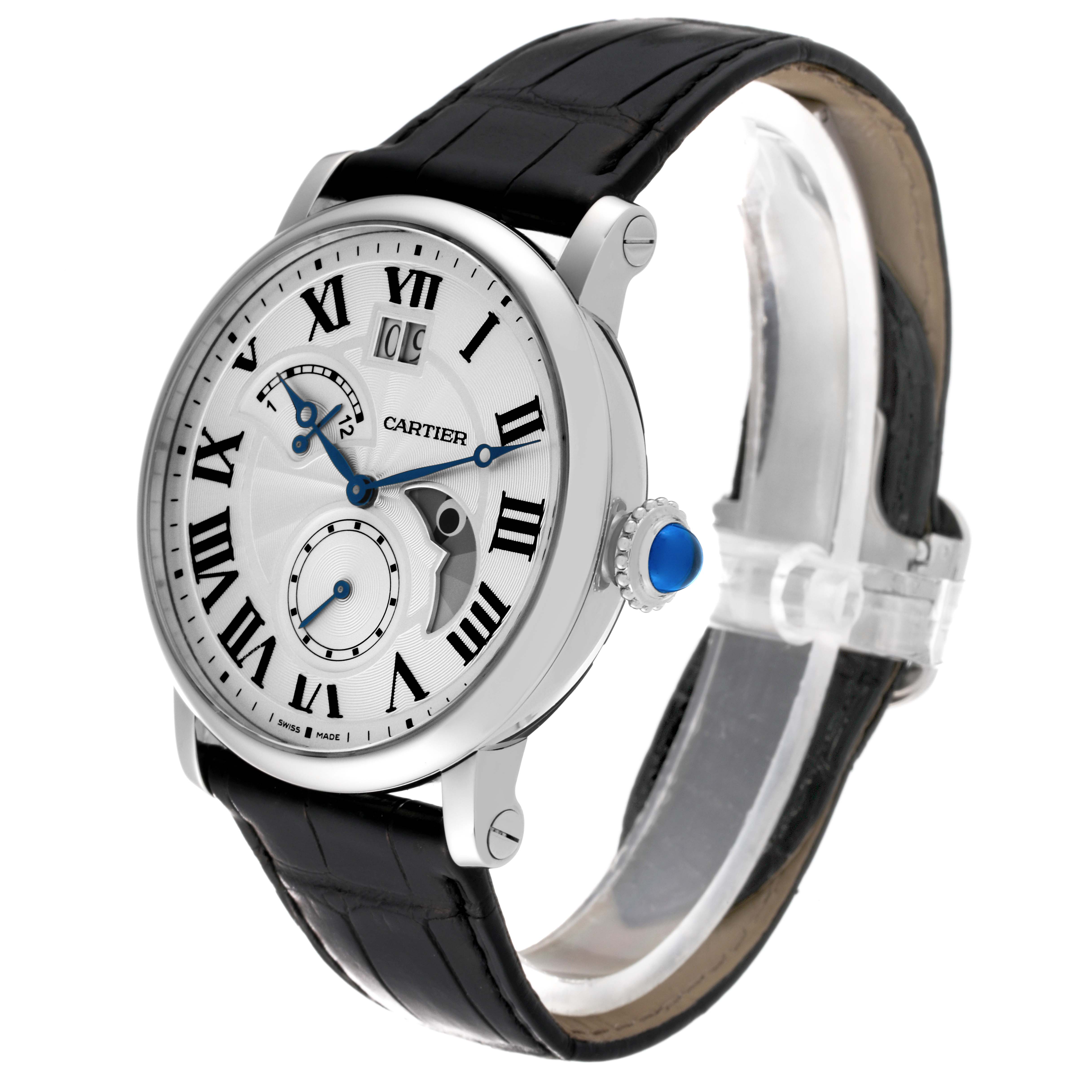 The image shows a side angle of the Cartier Rotonde W1556368 Men
s Stainless Steel Silver Dial W1556368 Men
s Stainless Steel Silver Dial watch, highlighting its face, crown, and black leather strap.