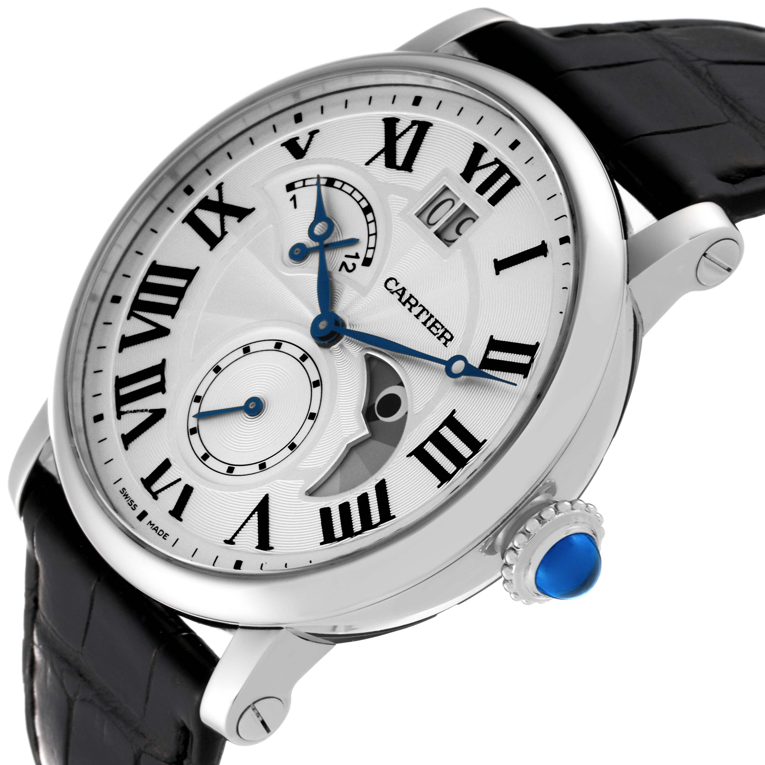 This image features a close-up, angled view of a Cartier Rotonde W1556368 Men
s Stainless Steel Silver Dial W1556368 Men
s Stainless Steel Silver Dial watch displaying the dial, crown, and black leather strap.