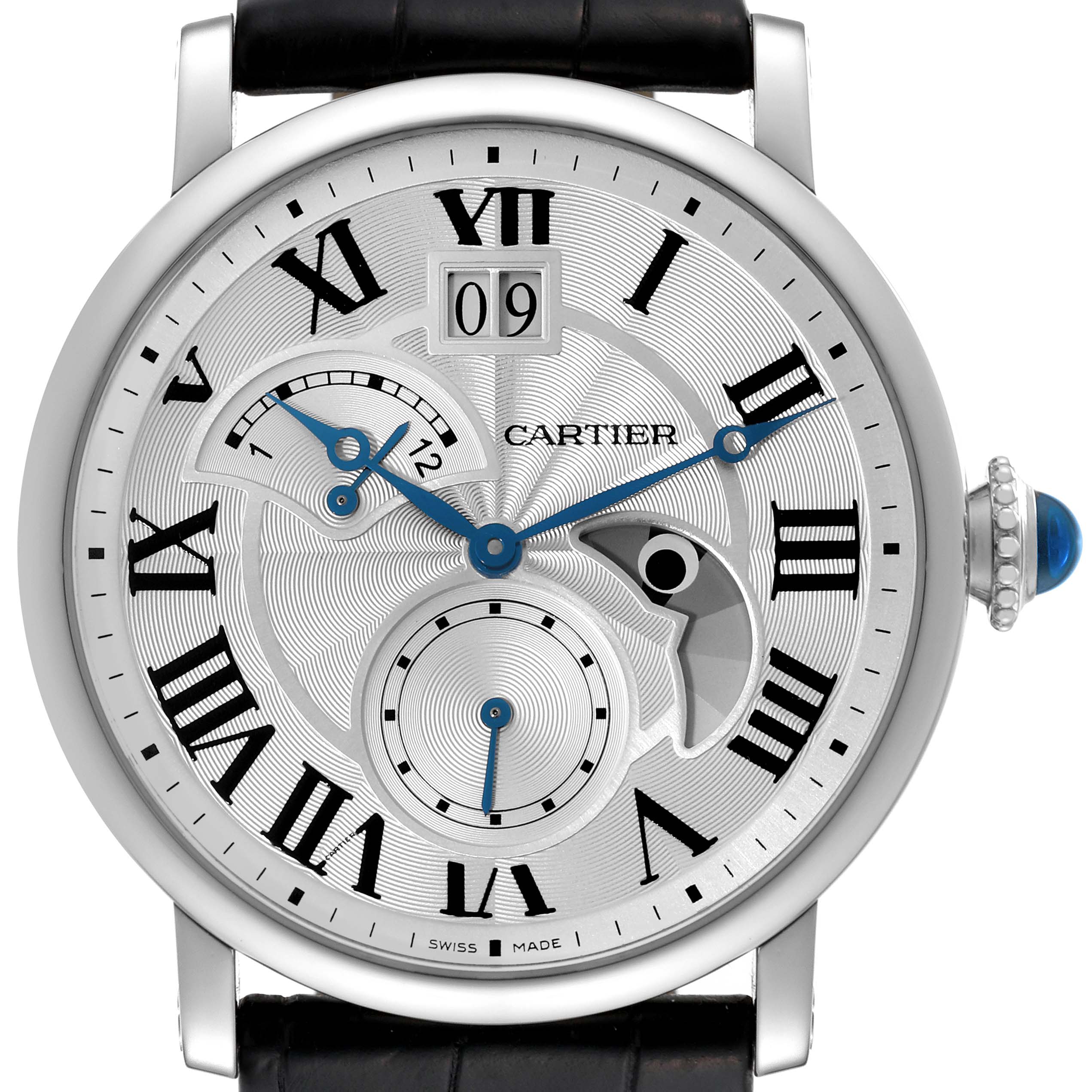 This image shows a front view of a Cartier Rotonde W1556368 Men
s Stainless Steel Silver Dial W1556368 Men
s Stainless Steel Silver Dial watch, highlighting its dial, Roman numerals, and blue hands.