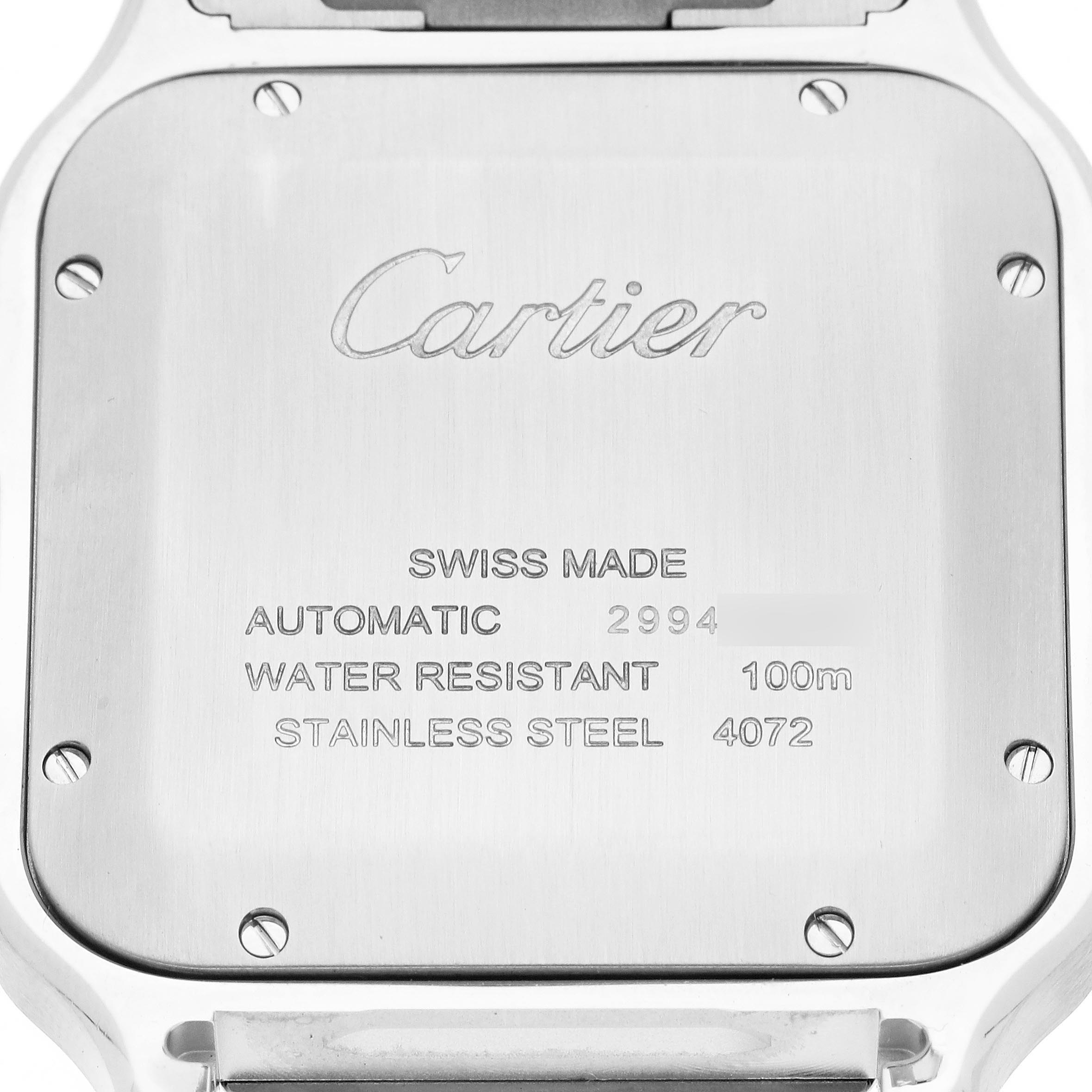 The image shows the back of a Cartier Santos WSSA0030 Men
s Stainless Steel Blue Dial WSSA0030 Men
s Stainless Steel Blue Dial watch, detailing its stainless steel composition, water resistance, and automatic movement.