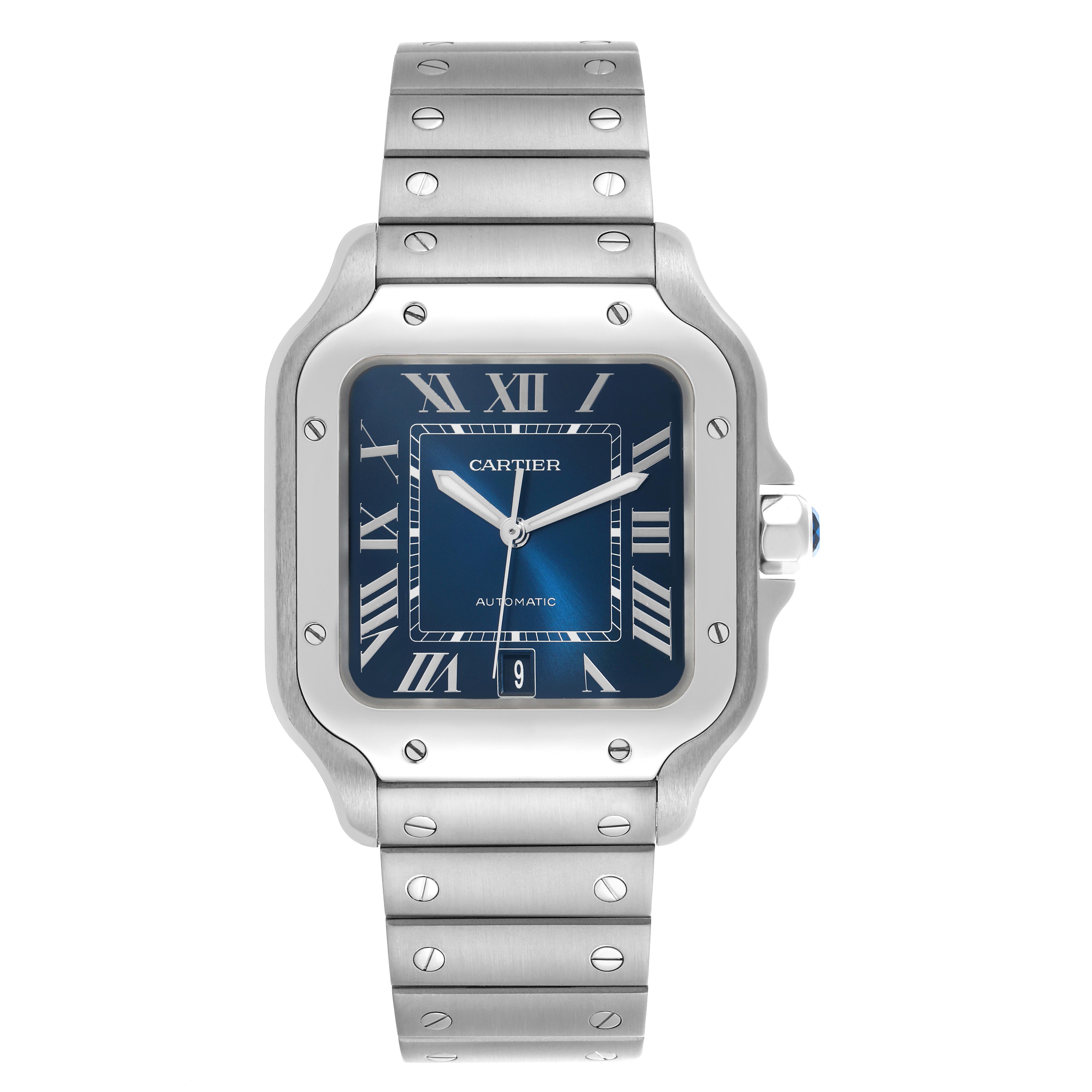 The Cartier Santos WSSA0030 Men
s Stainless Steel Blue Dial WSSA0030 Men
s Stainless Steel Blue Dial watch is shown from the front, displaying the face, bezel, and part of the bracelet.