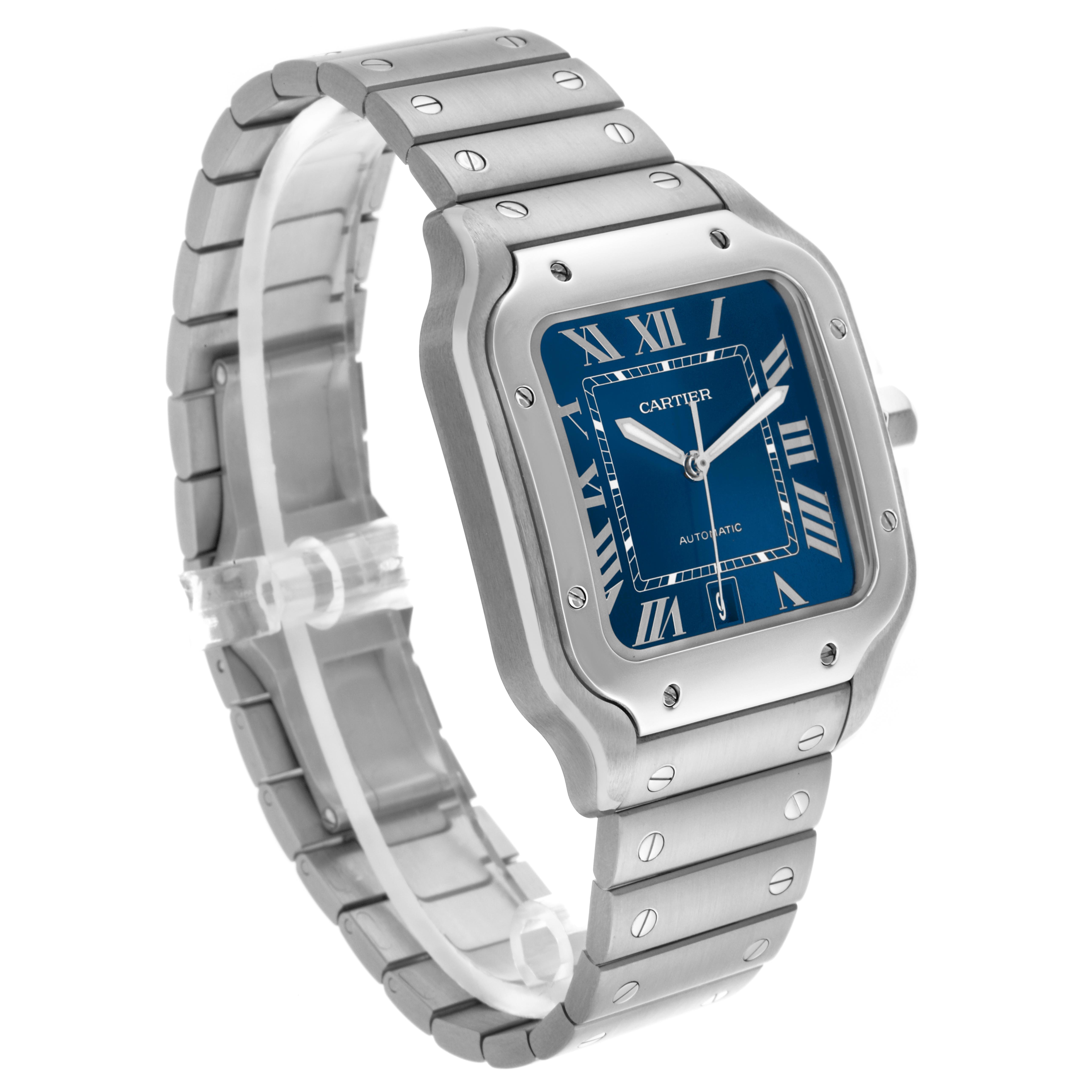 The Cartier Santos WSSA0030 Men
s Stainless Steel Blue Dial WSSA0030 Men
s Stainless Steel Blue Dial watch is shown at a three-quarter angle, highlighting the blue dial, bracelet, and bezel.