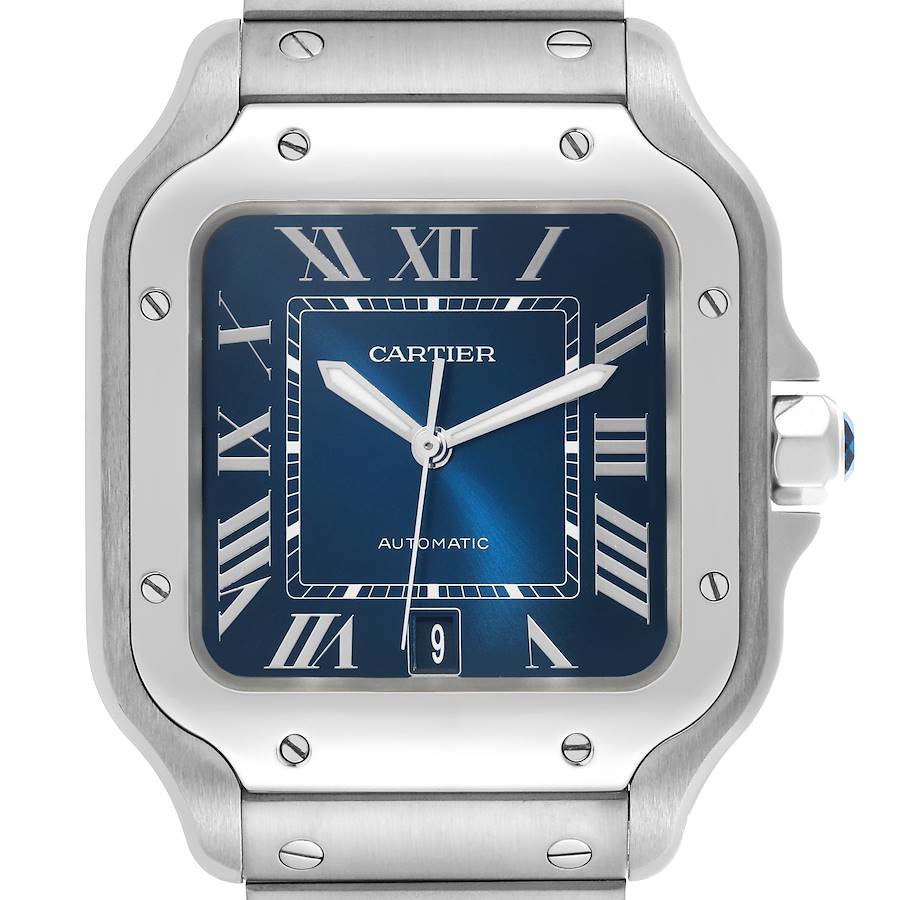 The image shows a front view of the Cartier Santos watch, highlighting the blue dial, Roman numerals, and silver case with visible screws.