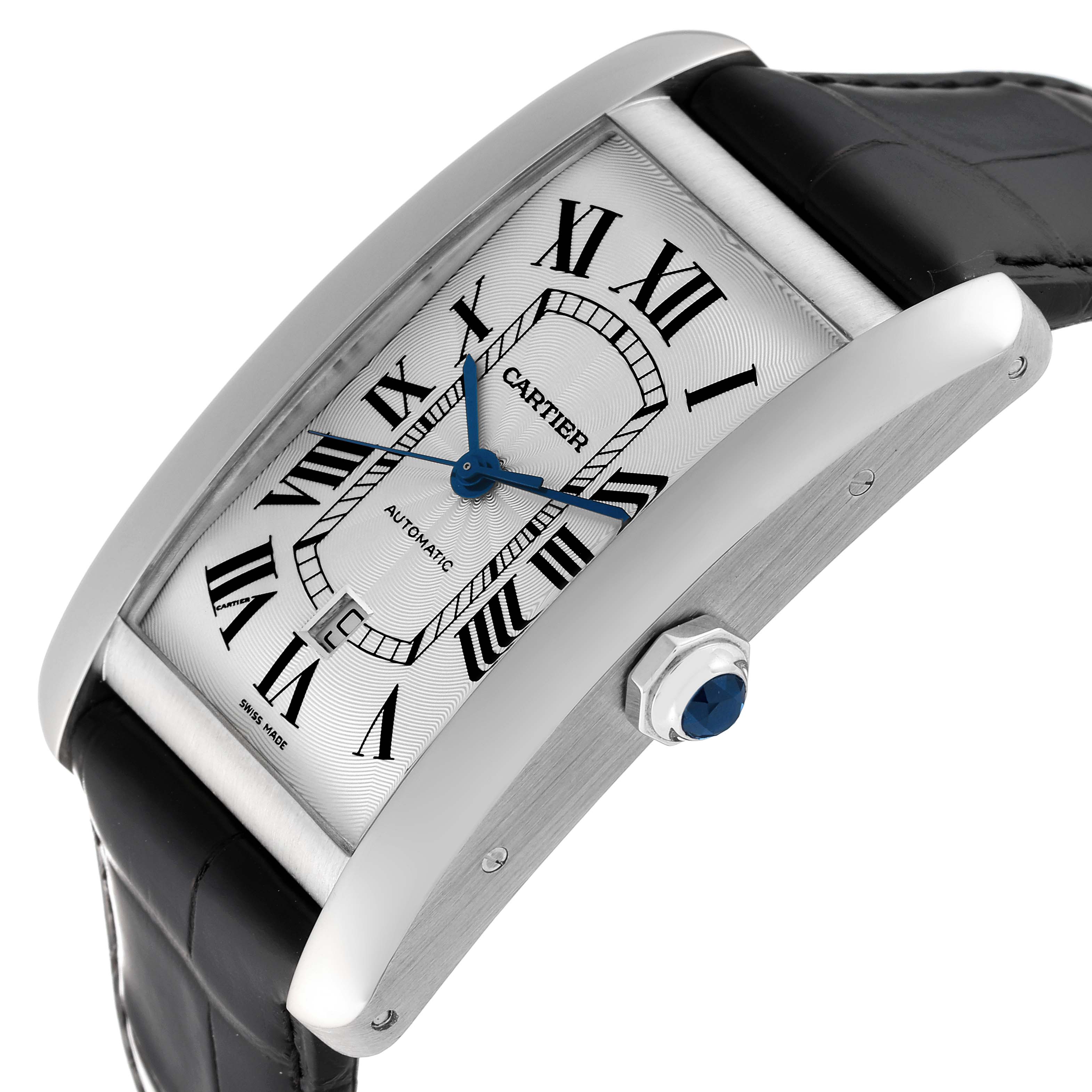 The Cartier Tank Americaine W2609956 Men's White Gold Silver Dial W2609956 Men's White Gold Silver Dial watch is shown at a side angle, highlighting the dial, crown, and part of the black leather strap.