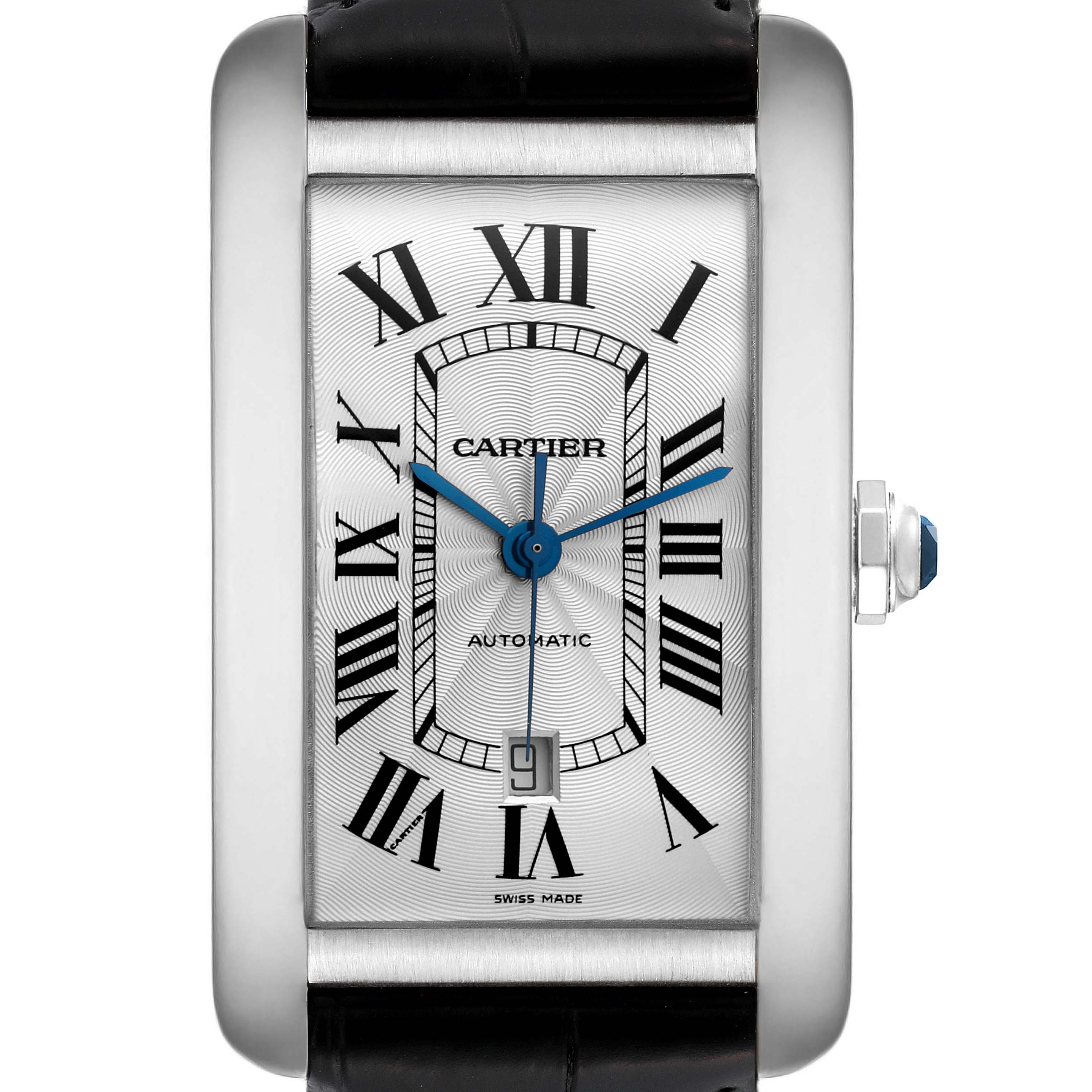 The image shows a front view of the Cartier Tank Americaine W2609956 Men's White Gold Silver Dial W2609956 Men's White Gold Silver Dial watch, displaying its face, dial, and strap.