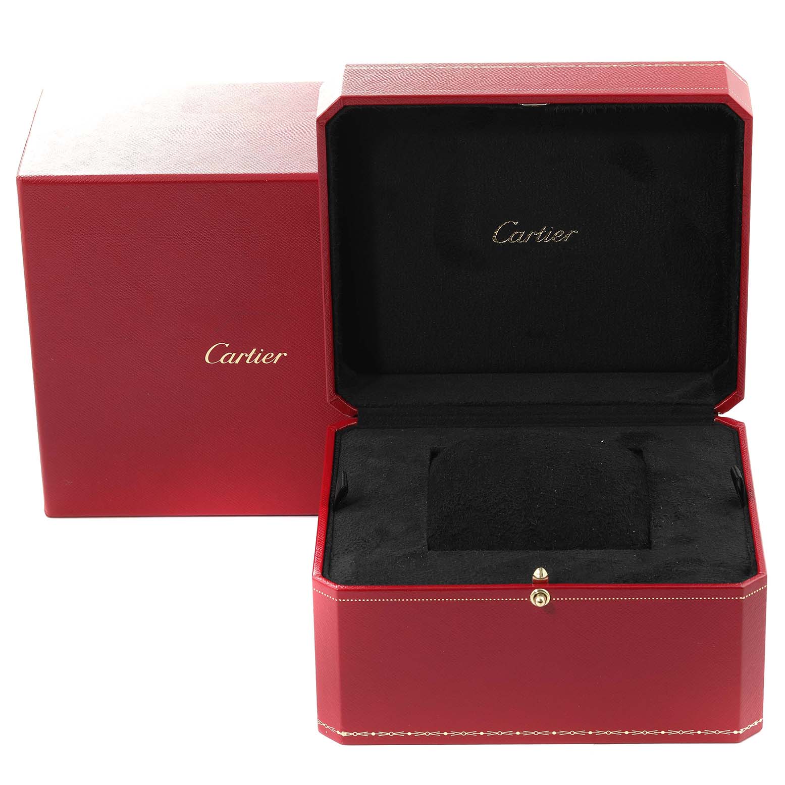 The image shows an open red presentation box for the Cartier Tank Americaine W2609956 Men's White Gold Silver Dial W2609956 Men's White Gold Silver Dial model watch, with black interior lining.