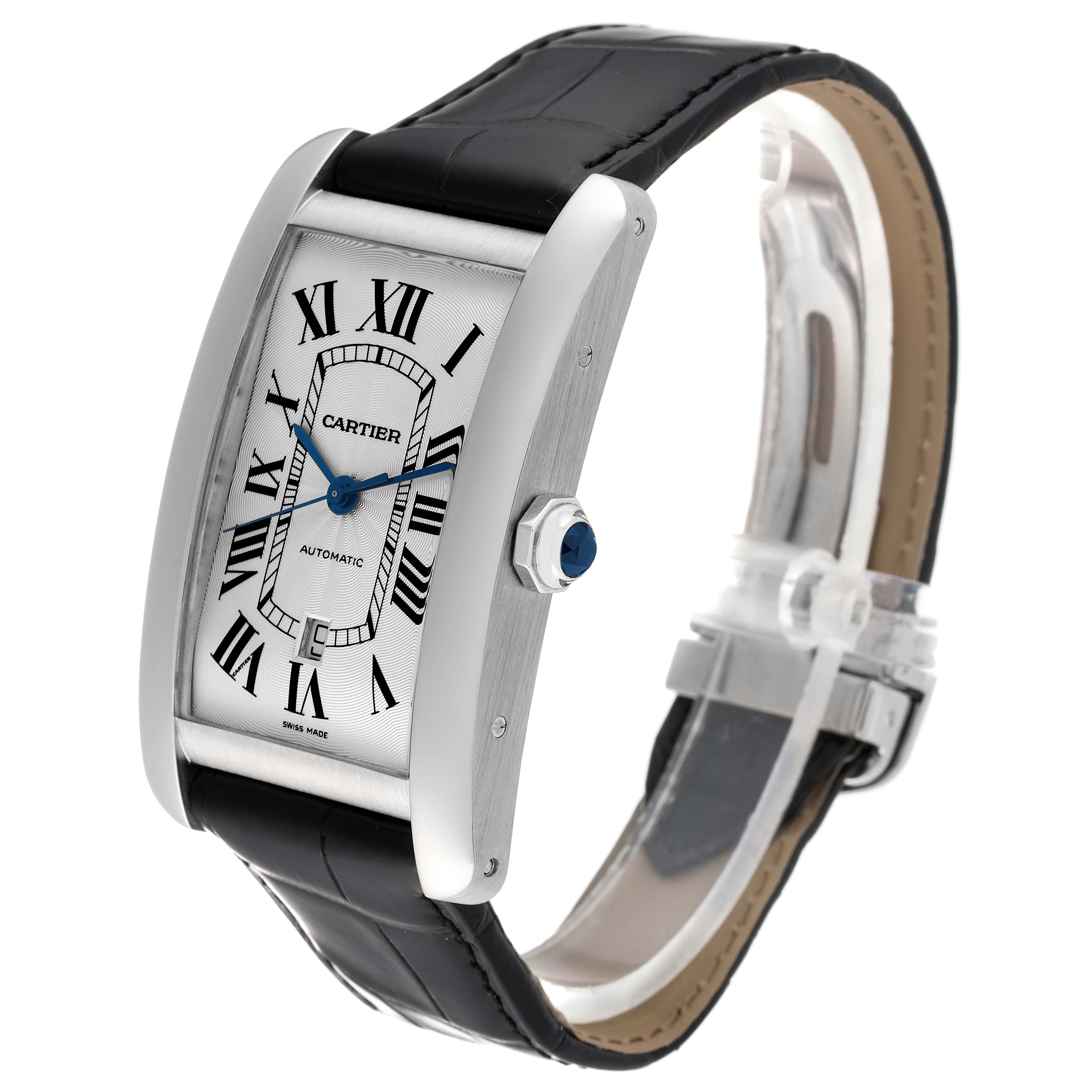 The Cartier Tank Américaine watch is shown at an oblique angle, displaying the face, case, strap, and crown.