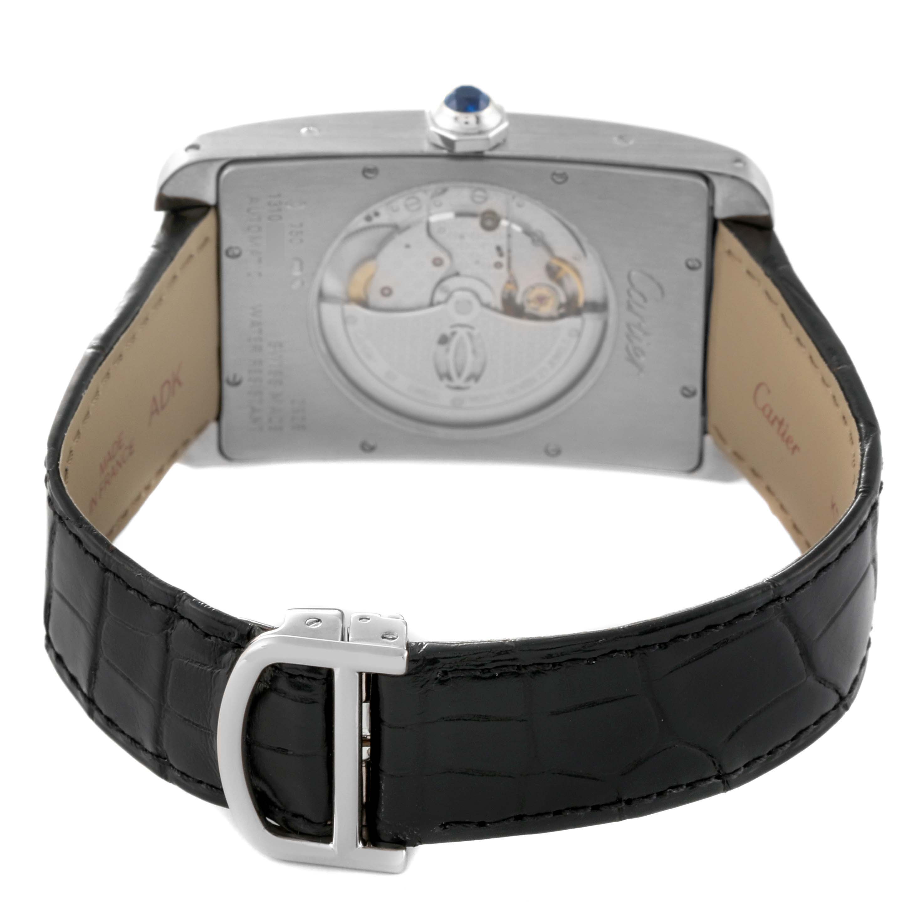 The image shows the back view of a Cartier Tank Americaine W2609956 Men's White Gold Silver Dial W2609956 Men's White Gold Silver Dial watch, highlighting its black leather strap and exposed movement.